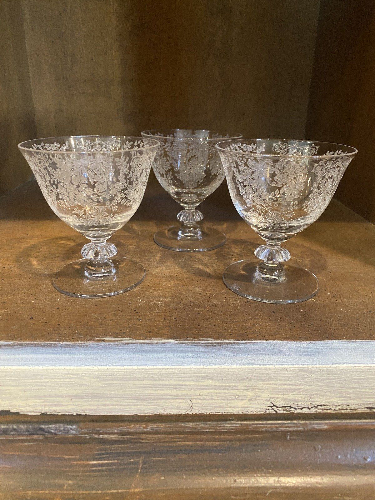Set of 3x Delicately Etched Floral Crystal Sherbet Stems