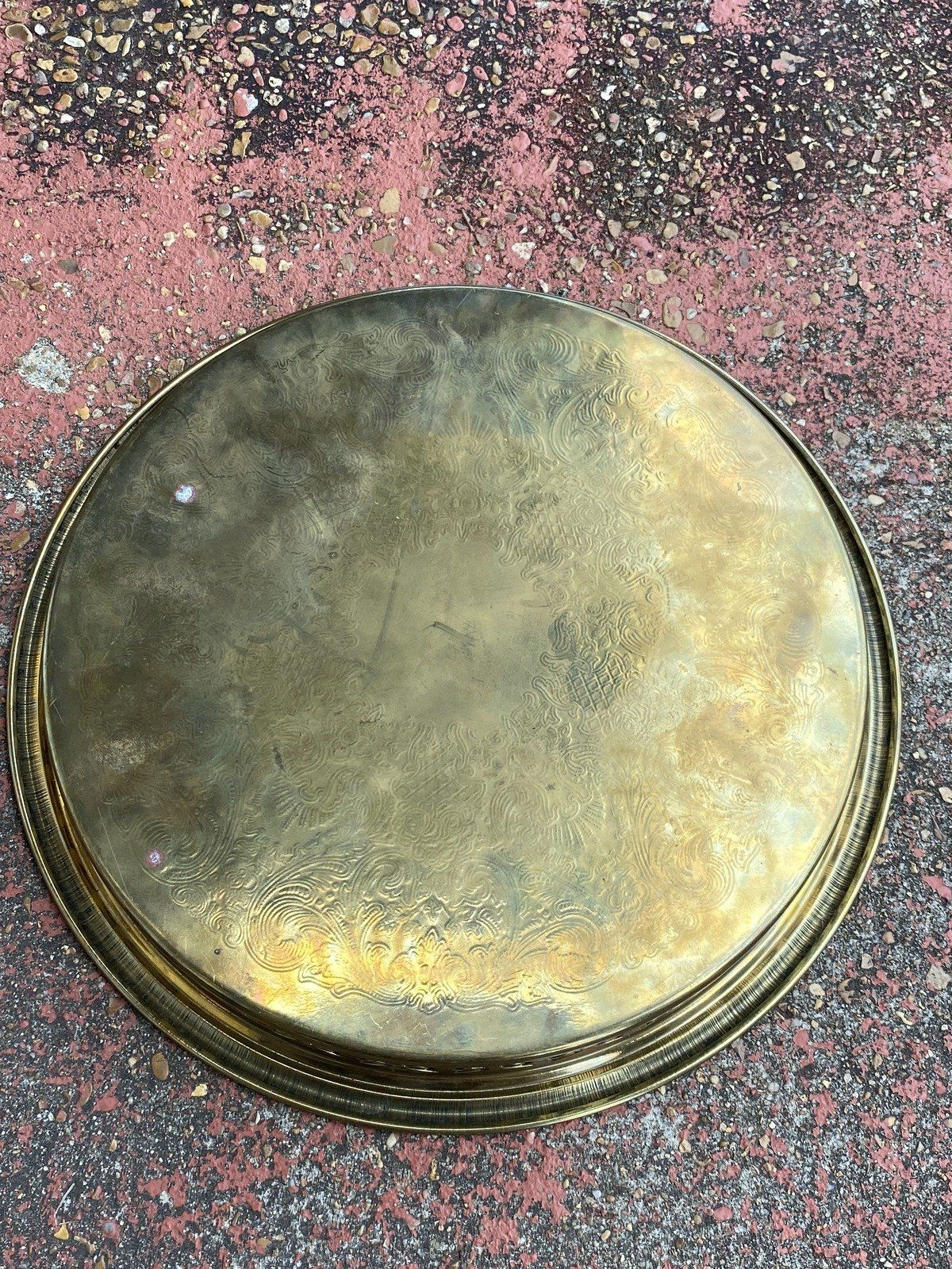 Circular Etched Brass Vintage Serving Tray w Reticulated Edge 5