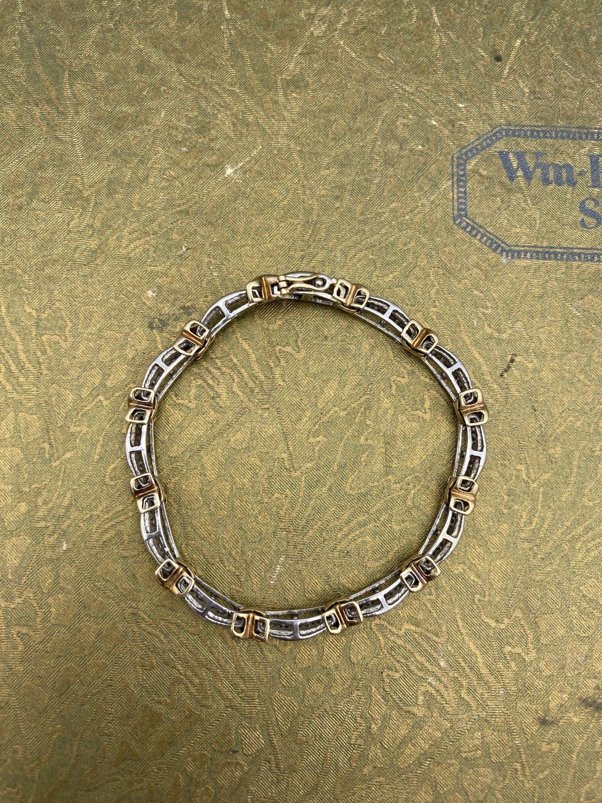 10k Dual Gold Channel Set Diamond Tennis Bracelet w Intersection Cross Link 6.5L #2580 5