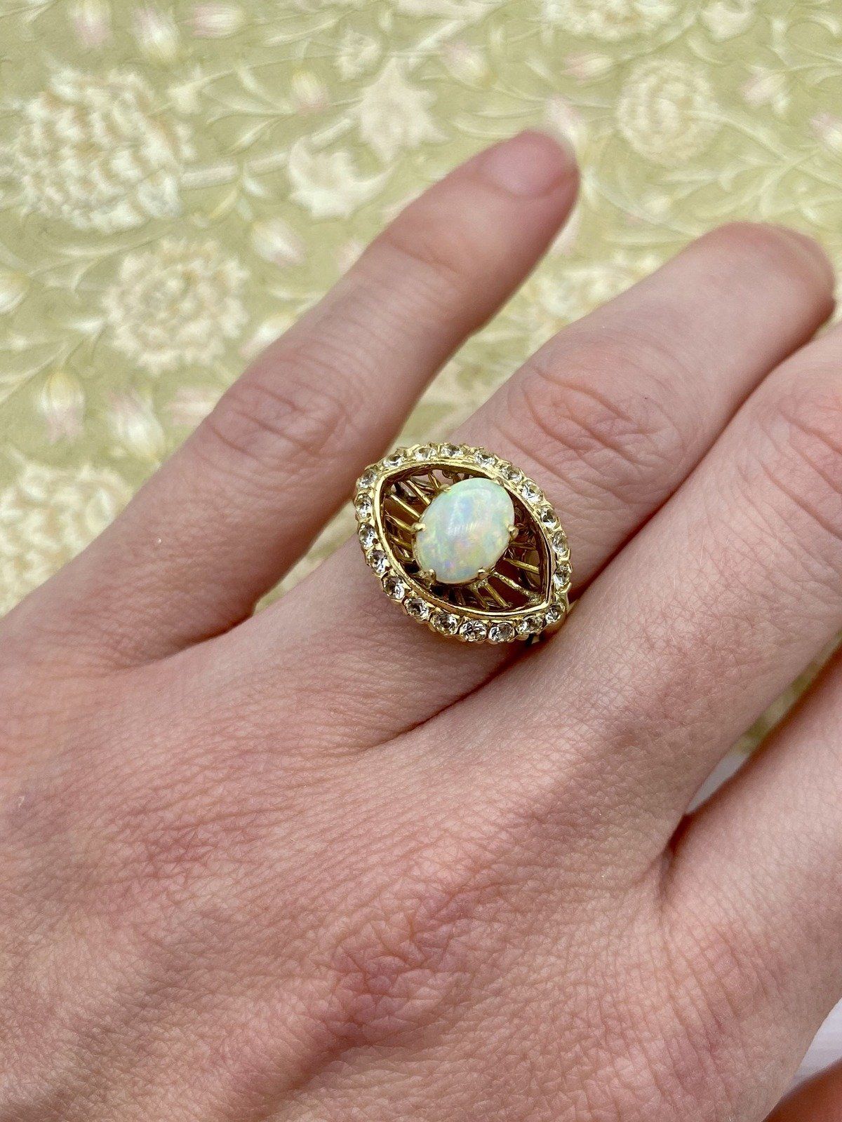 Antique 14k Gold Opal + Old Mine Diamond Almond Eye Ring 4