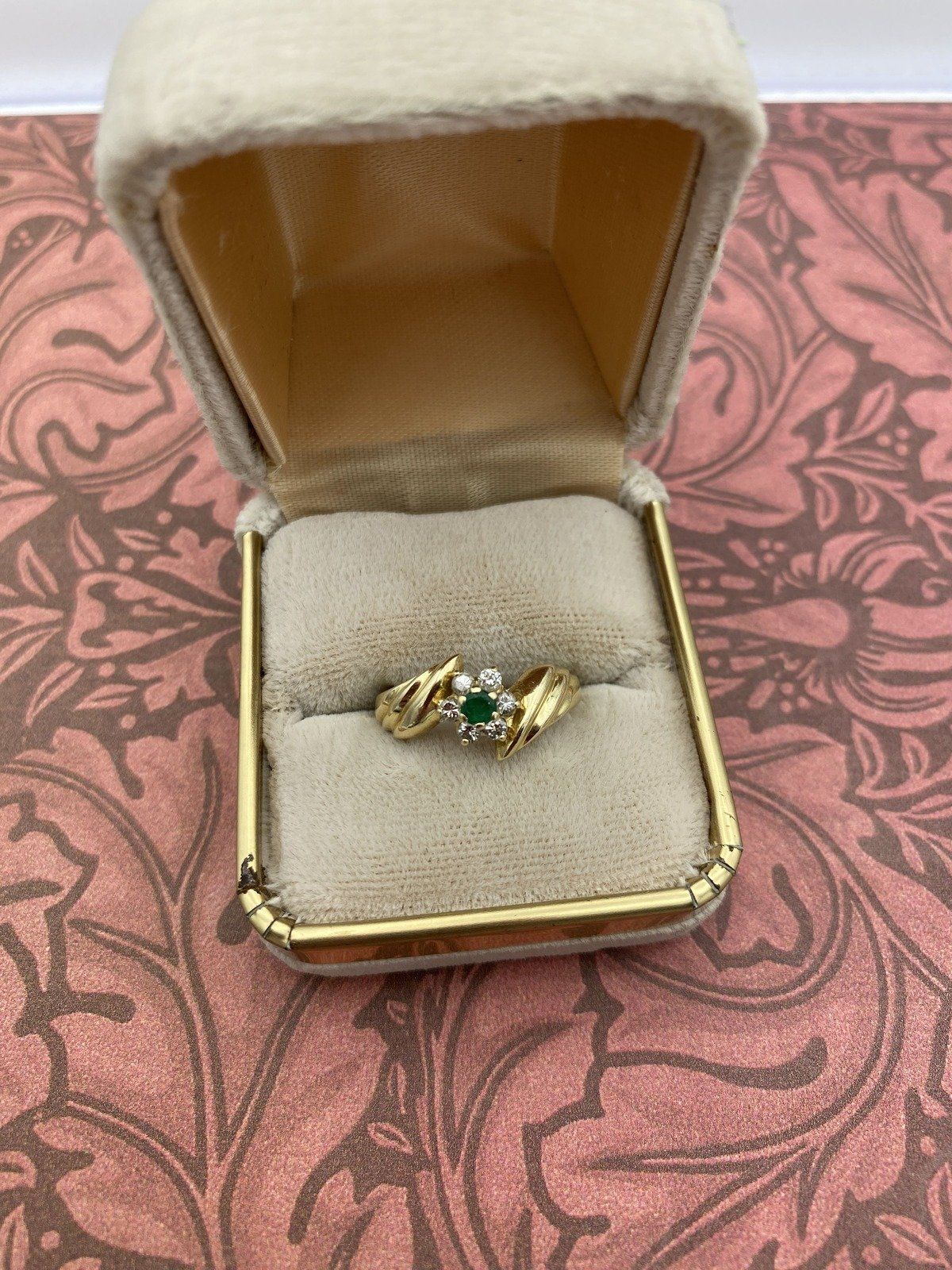 Vintage 14k Gold Emerald + Diamond Flower Ring w Fluted Bypass Shoulders #2605 4