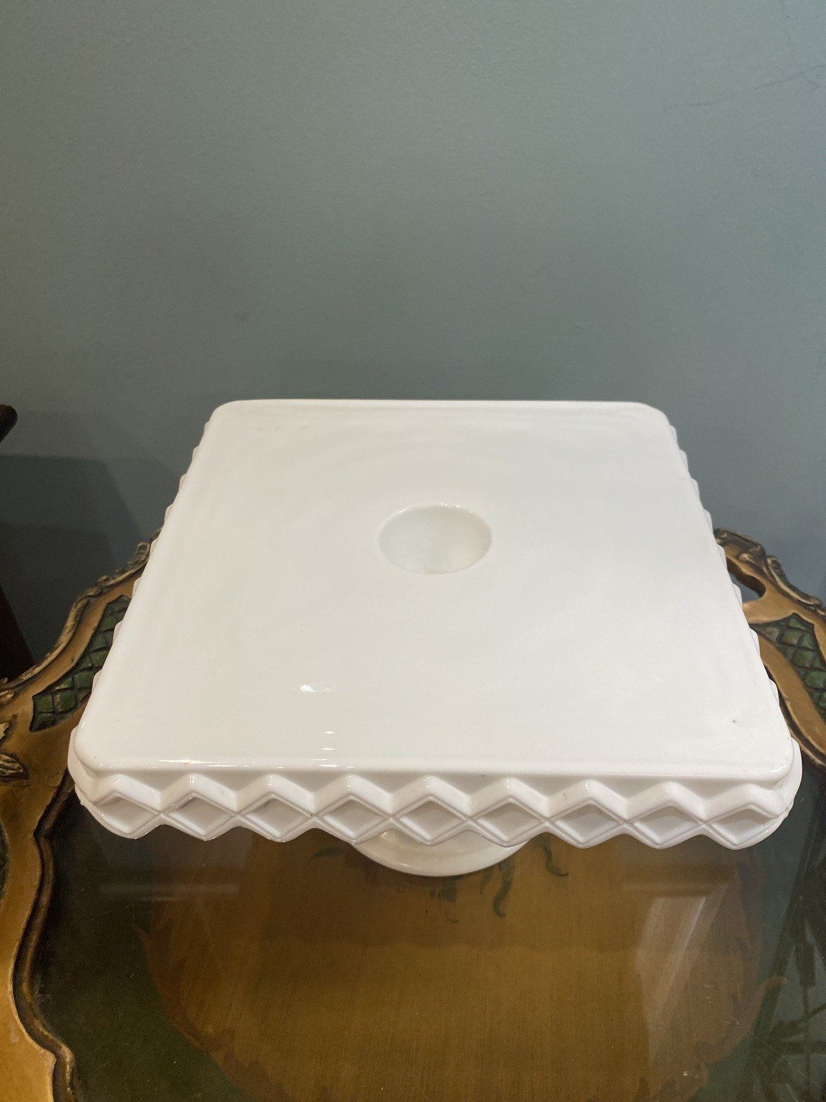 9x9 Square Milk Glass Tufted Pattern Cake Stand 2