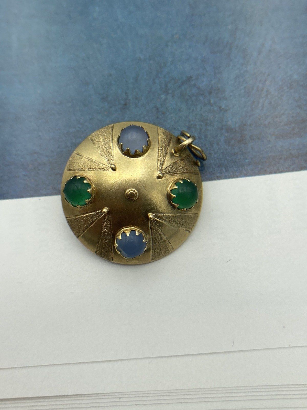Cool Kinetic 18k Gold Vintage Mid Century c.1950s Roulette Wheel Casino Charm w Enamel Details + Green & Blue Chalcedony Posterior 10
