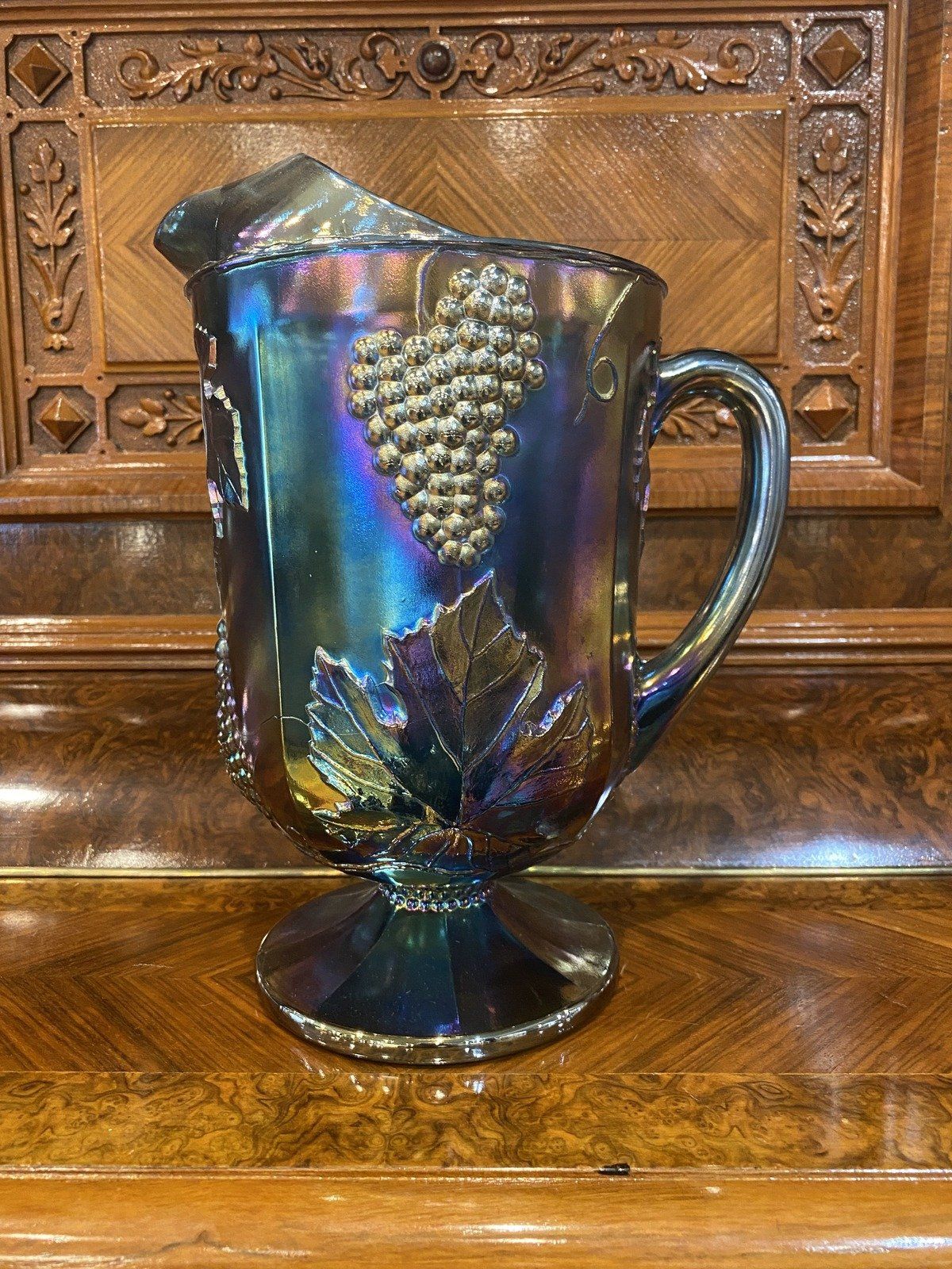 Electric Indiana Iridescent Blue Grape Vine Carnival Glass Drink Pitcher 4