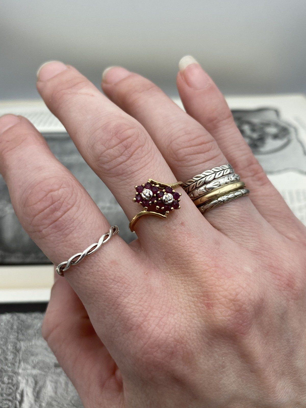 Vintage 10k Gold Ruby Double Flower Bypass Ring w Diamond Centers #2768 8