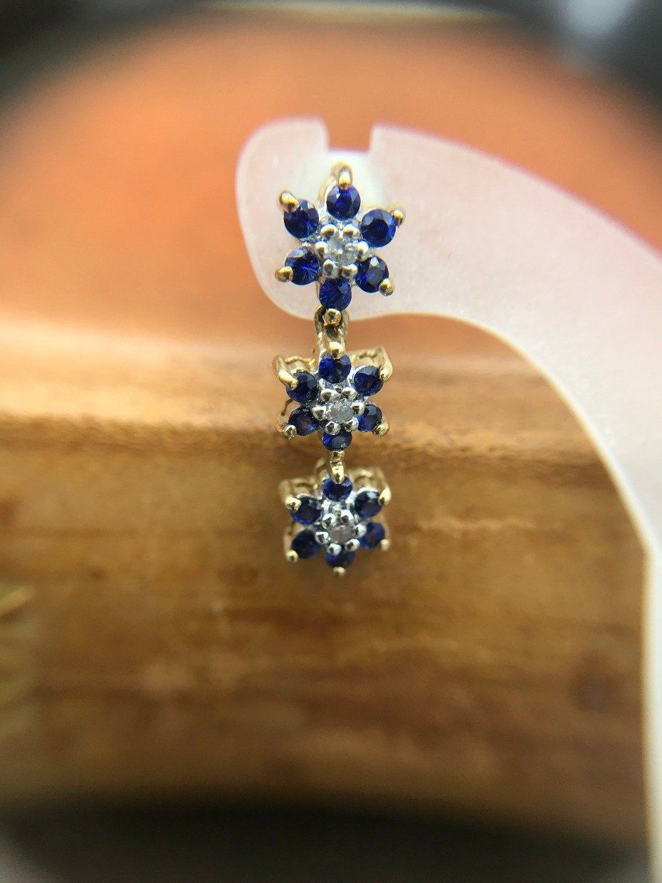 14k Gold Sapphire + Diamond Flower Trinity Dangle Earrings 2