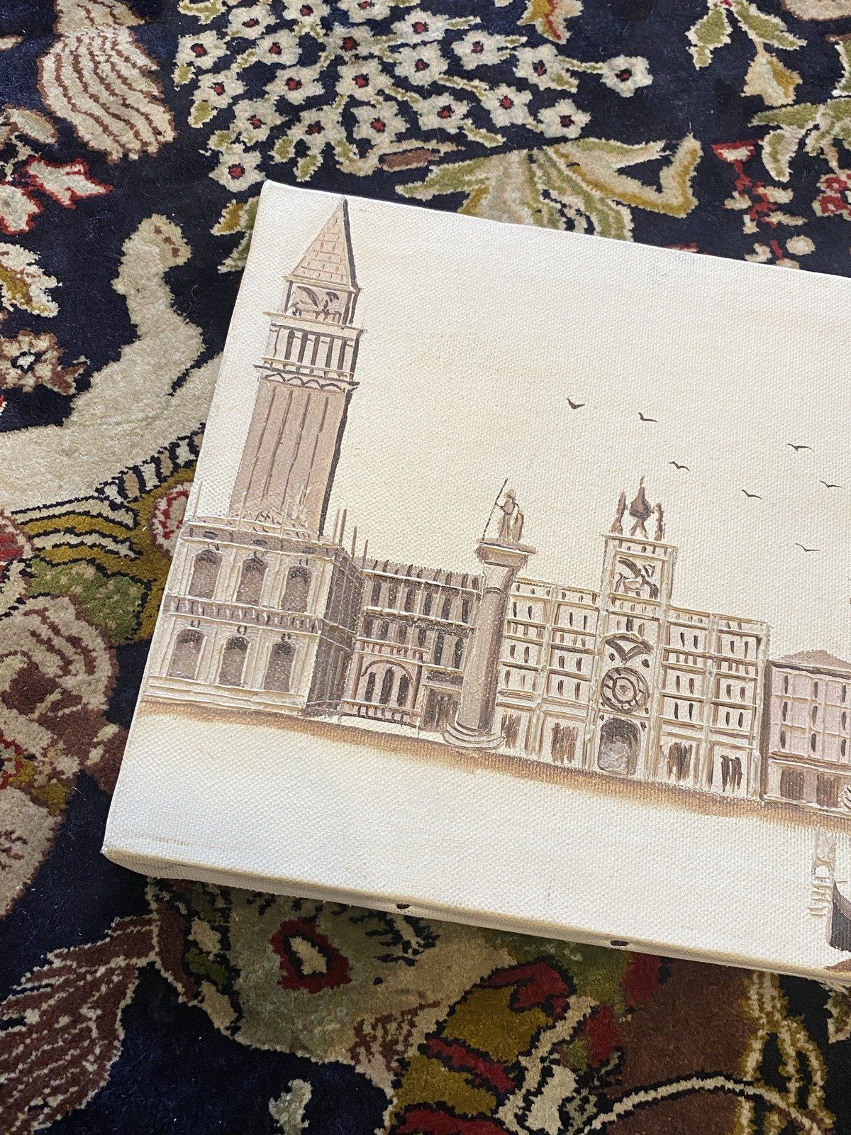 Signed Original Acrylic European City + Canal Sepia 16x8 Vintage Painting 2