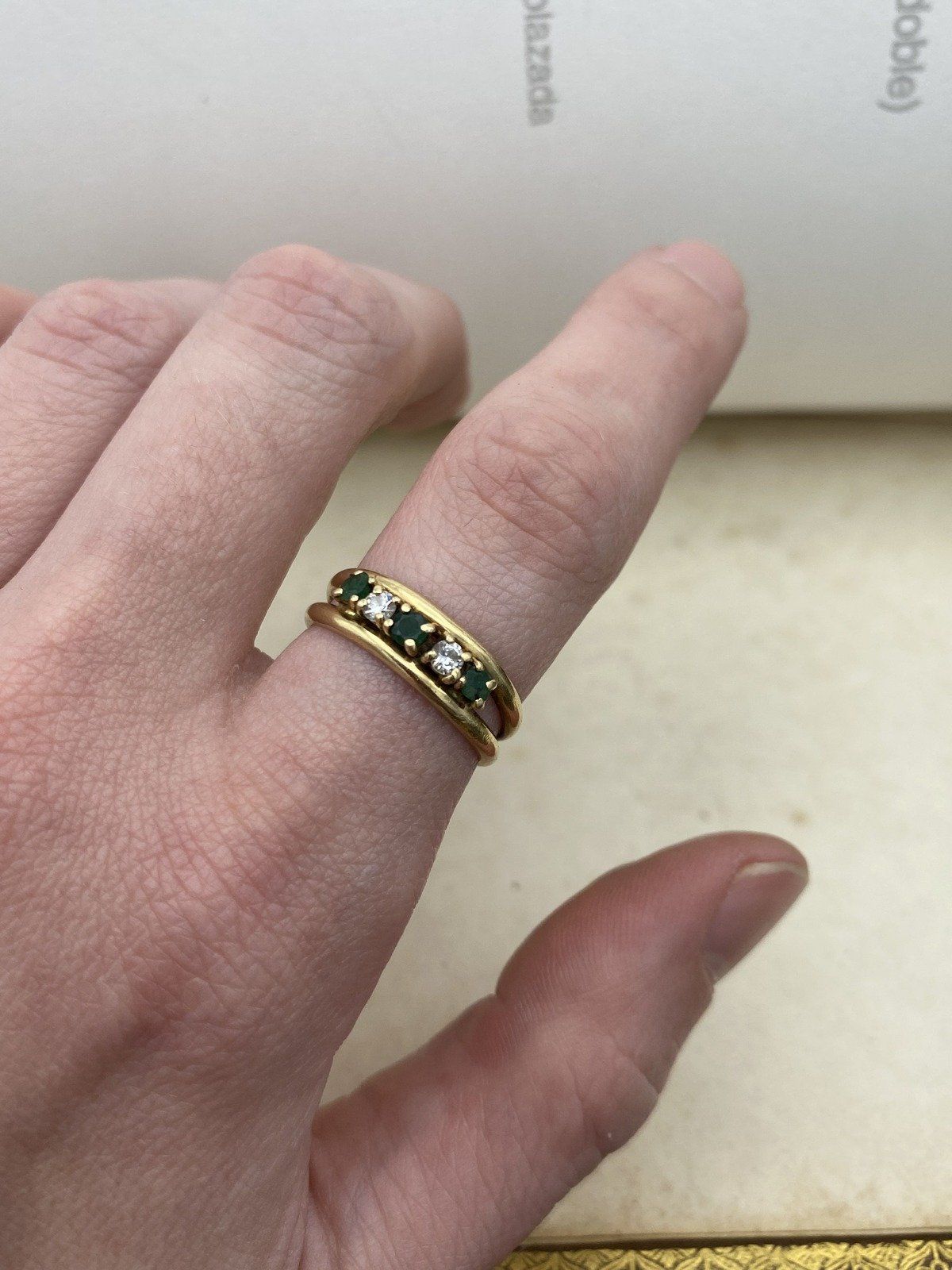 Vintage 14k Gold Double Band Emerald + Diamond Ring 5