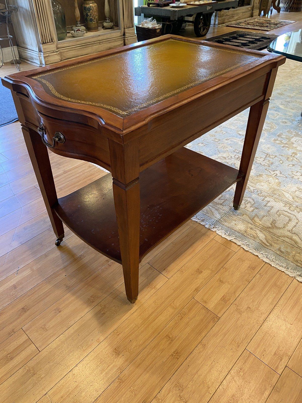 Vintage Mid Century Mersman Leather Top Side Table w Wheels 3