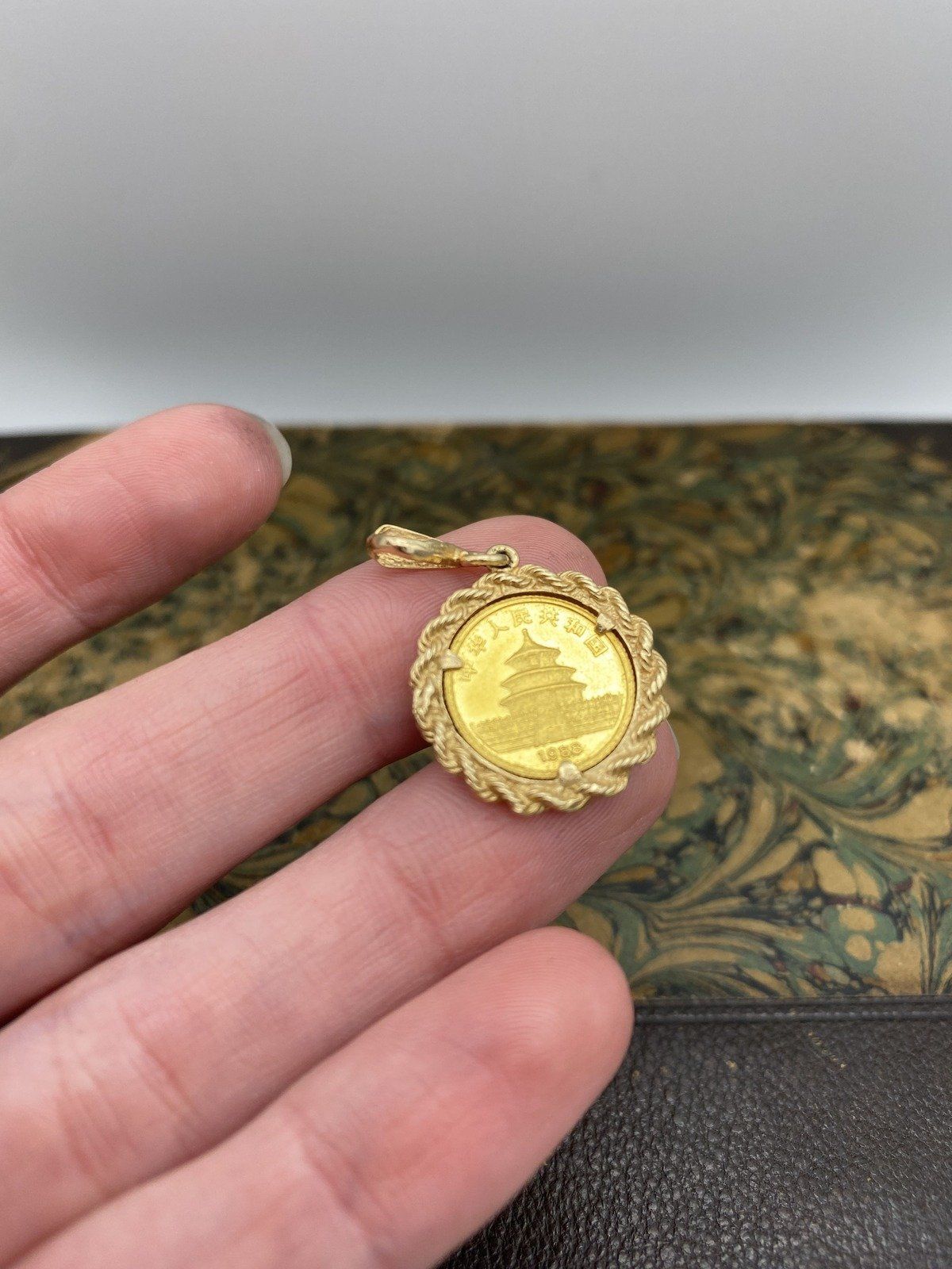 14k Gold Bezel Set 1/20th 999 c.1988 Chinese Gold Panda Coin Pendant 4