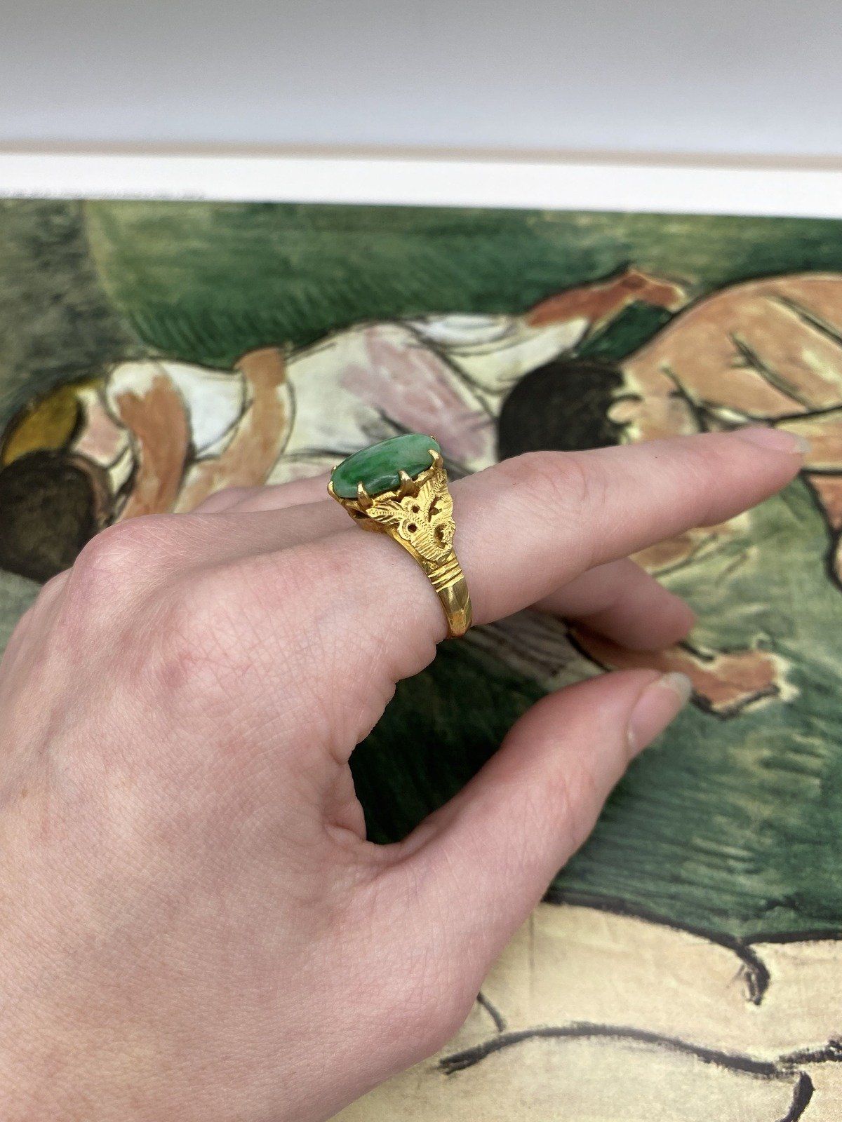Antique 22k Gold Natural Jade Ring w Fauna Shoulders #2804 11