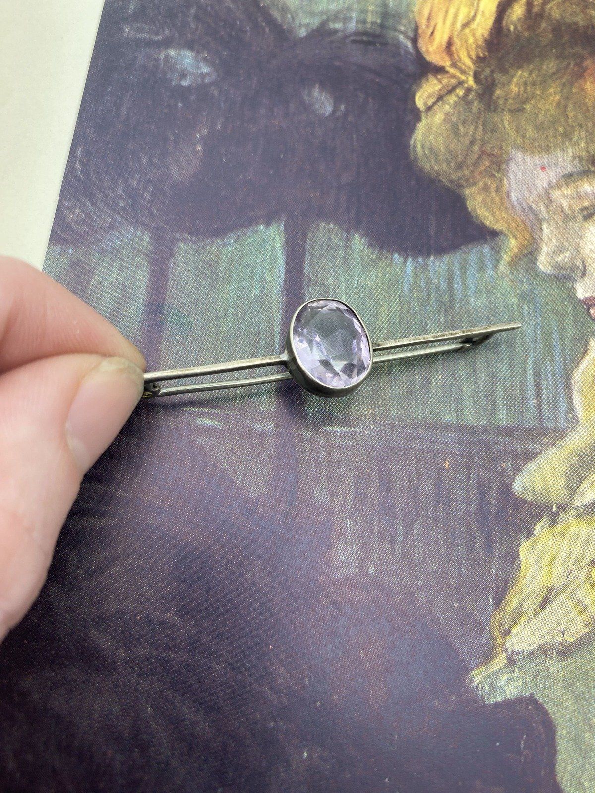 Antique Sterling Silver Bar Pin Brooch w Lavender Vera Cruz Amethyst Oval Center 9