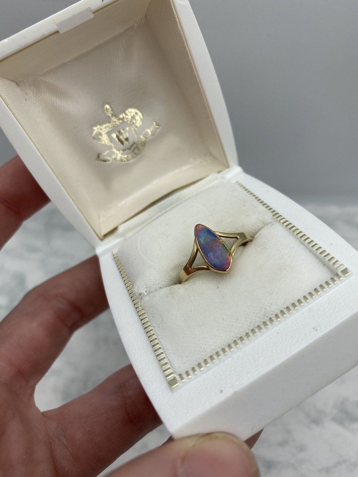 Lovely Narrow Pear 14k Gold Black Opal Ring w Lovely Fire + Split Shoulder Design 3