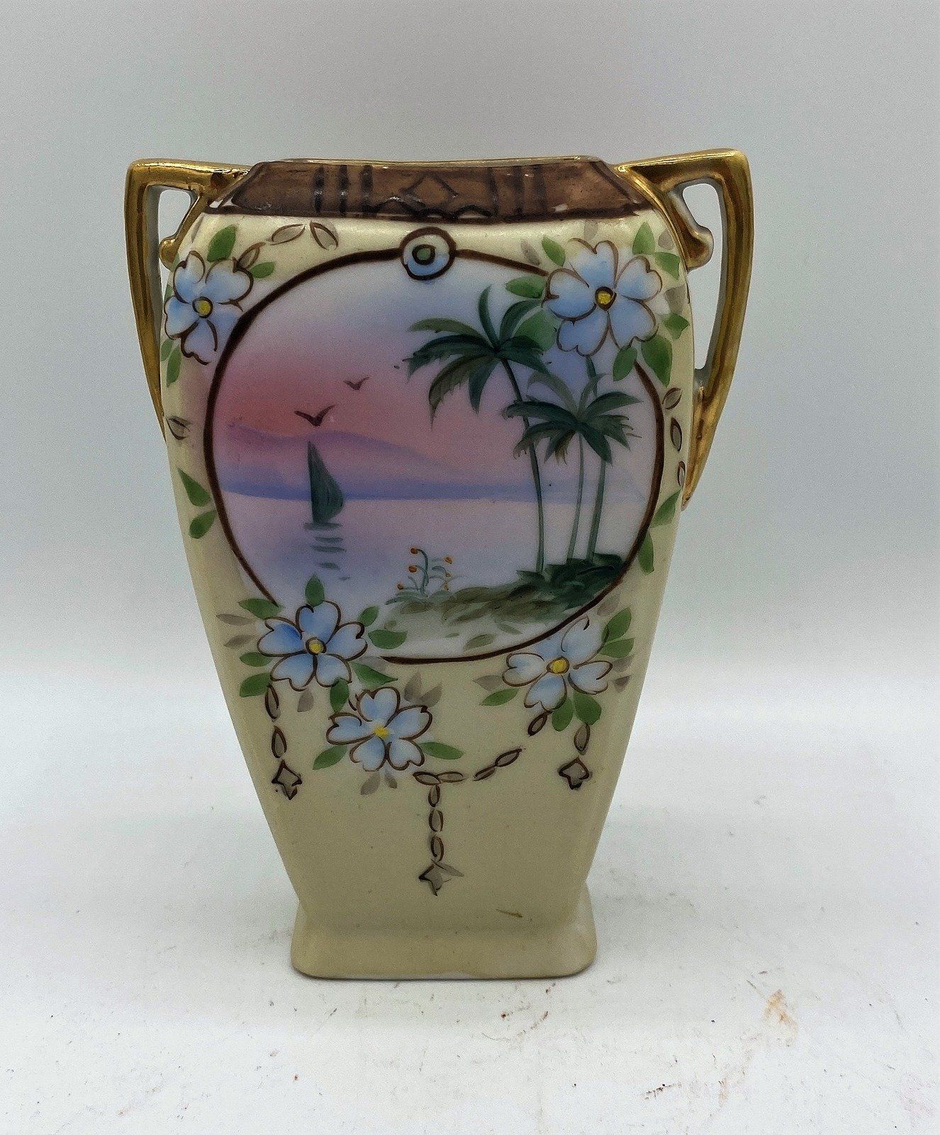 Hand Painted Nippon Vase Floral and Palms