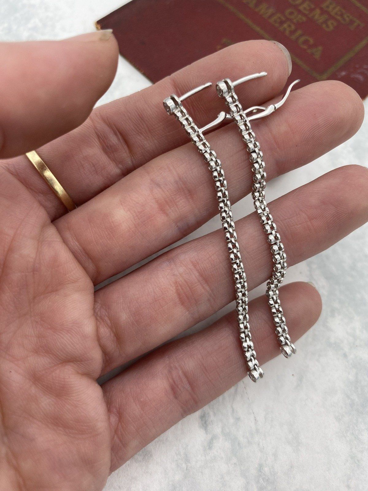 Modernist 18k White Gold Bezel Set Diamond Articulated Linear Drop Earrings 10