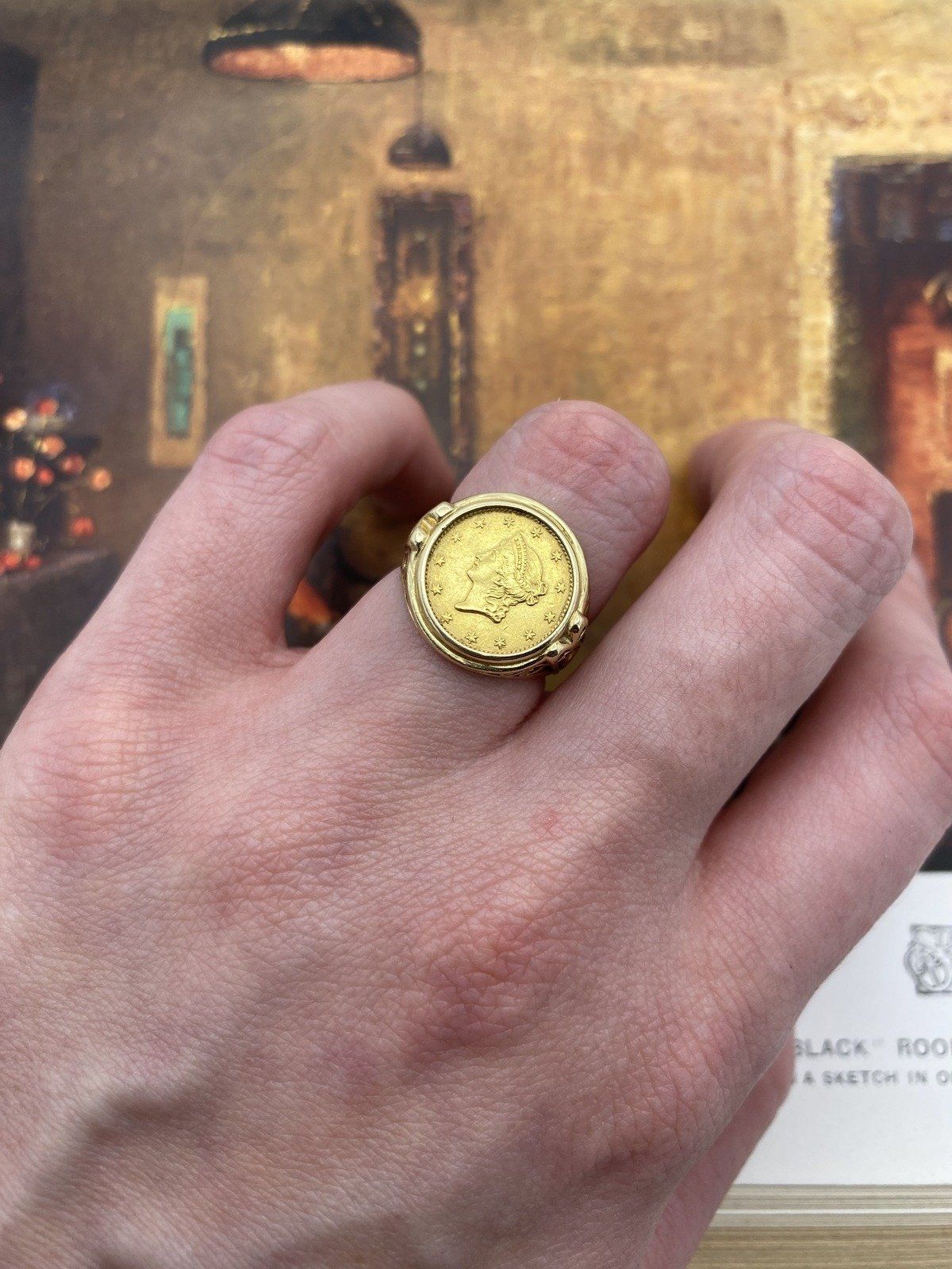 14K Gold Ring with $1 Liberty Head Gold Coin Type 1 Filigree Setting. Sz 4.25 6