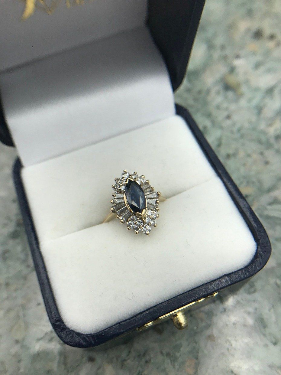 14k Gold .50ct Marquise Sapphire + Diamond Ring 6