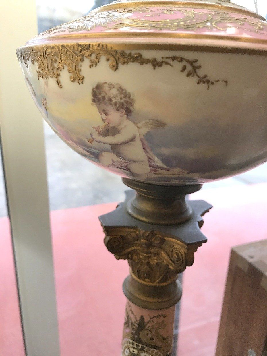 Sevres Oil Banquet Lamp w/ Cherubs & Instruments 19th Century #477 2