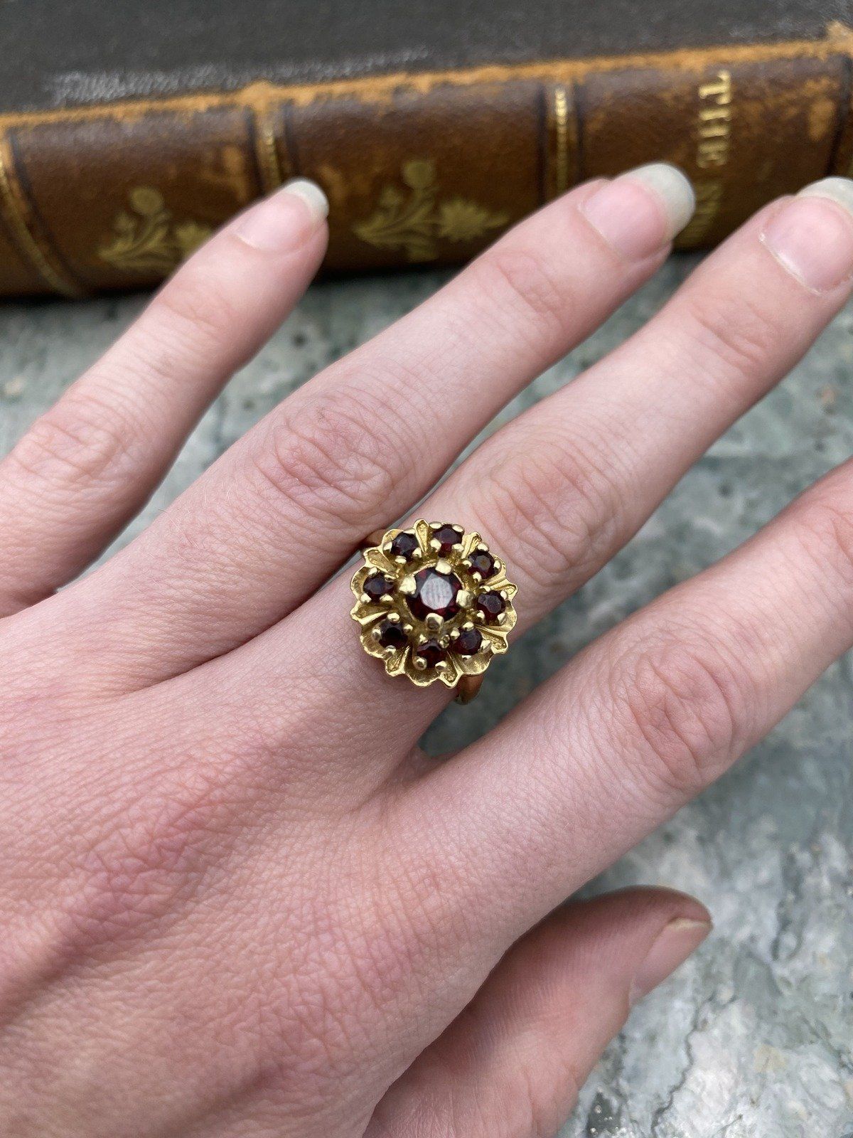 Vintage c.1950s/60s 14k Gold Garnet Flower Cluster Ring #2838 8