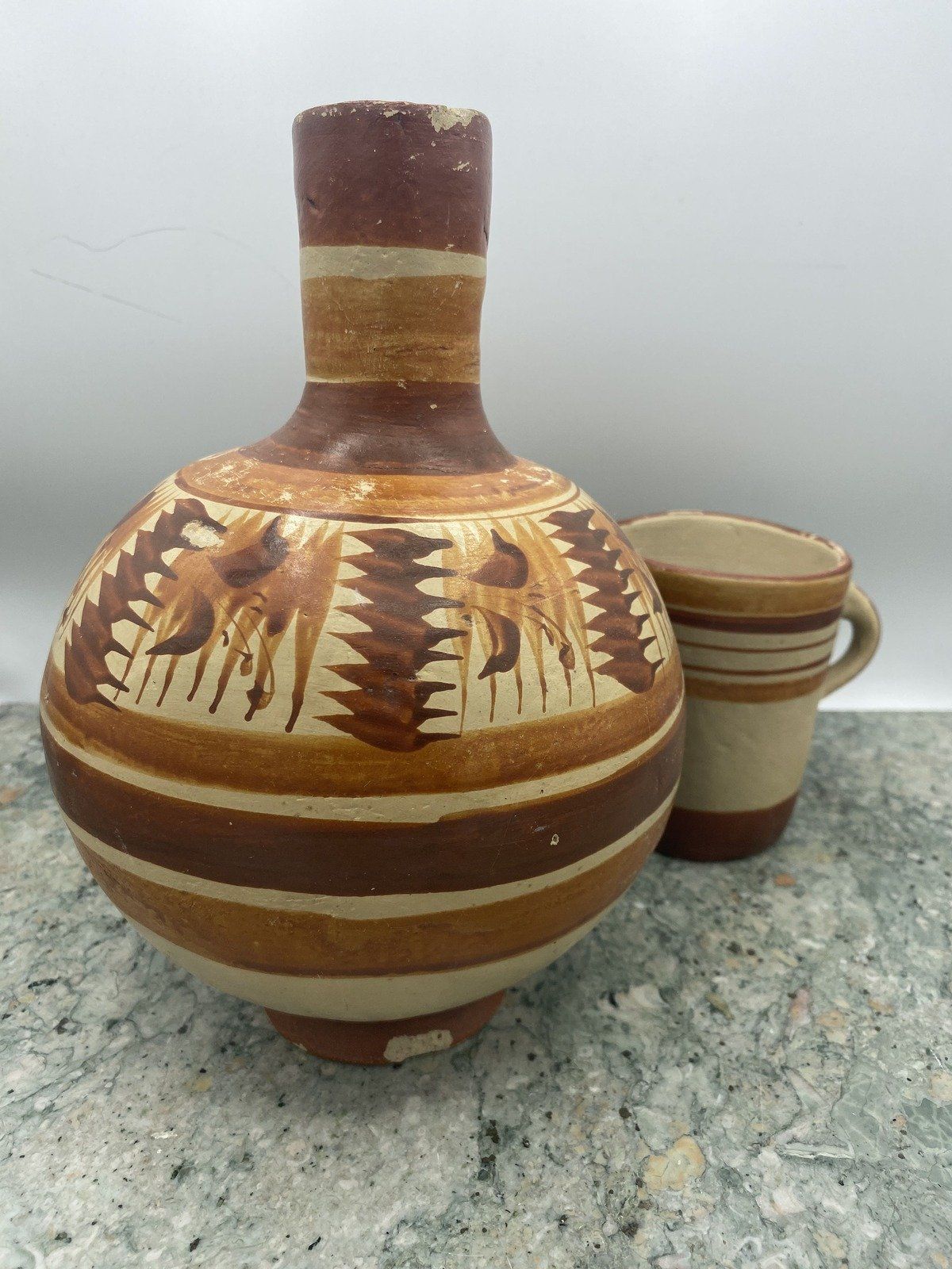 Vintage Handmade Clay Thrown Mexican Decanter Jug + Cup *AS-IS*