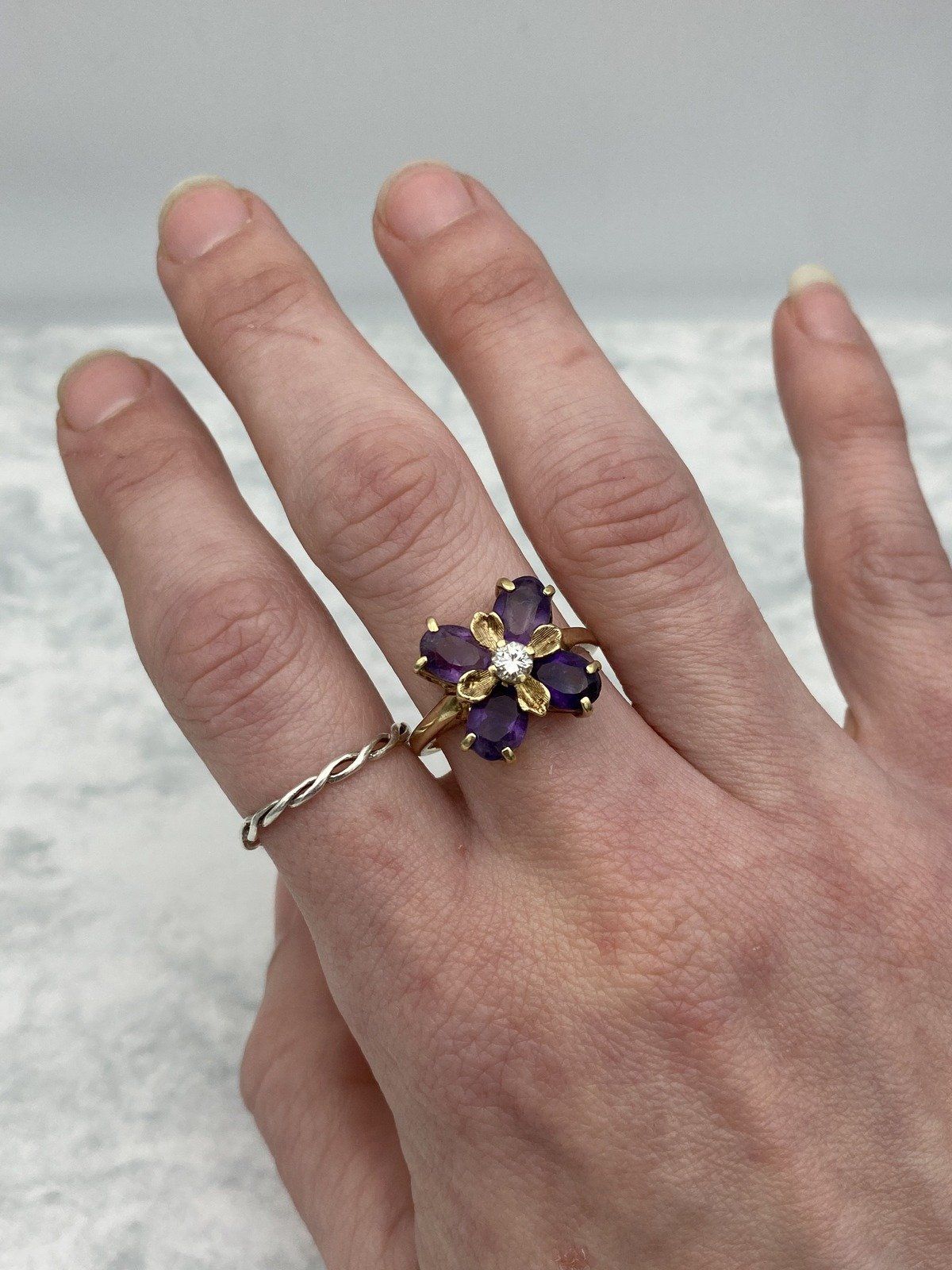 Vintage c.1950s 10k Gold 4 Petal Amethyst + Diamond Clover Ring w Brushed Leaf Secondary Detail 11