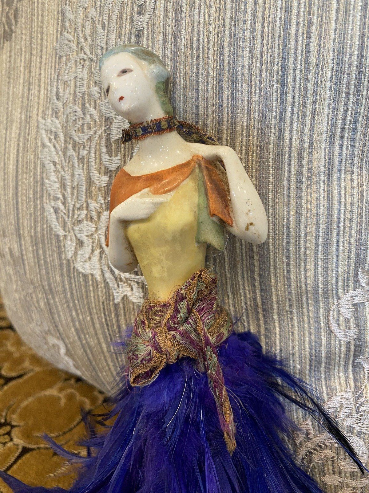 Antique c.1920s Porcelain Lady Indigo Dyed Feather Duster Brush 2
