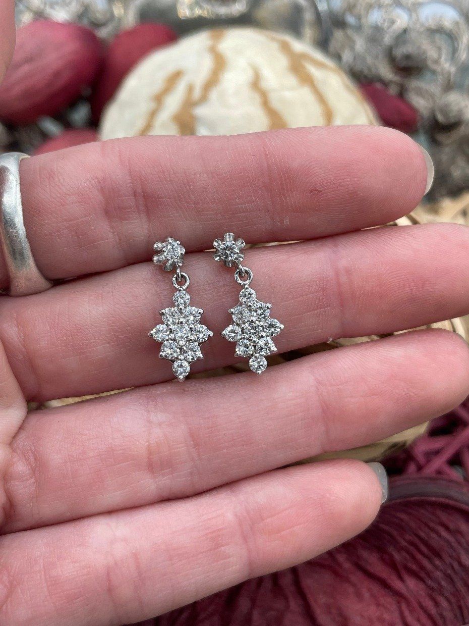 14k White Gold 1.4ctw Diamond Cluster Drop Earrings w Buttercup Set Diamond Lobe Stud 4