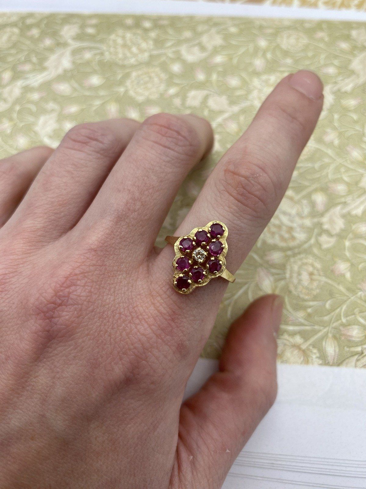 14k Gold Ruby Navette Ring w Diamond Center and Lovely Setting 5