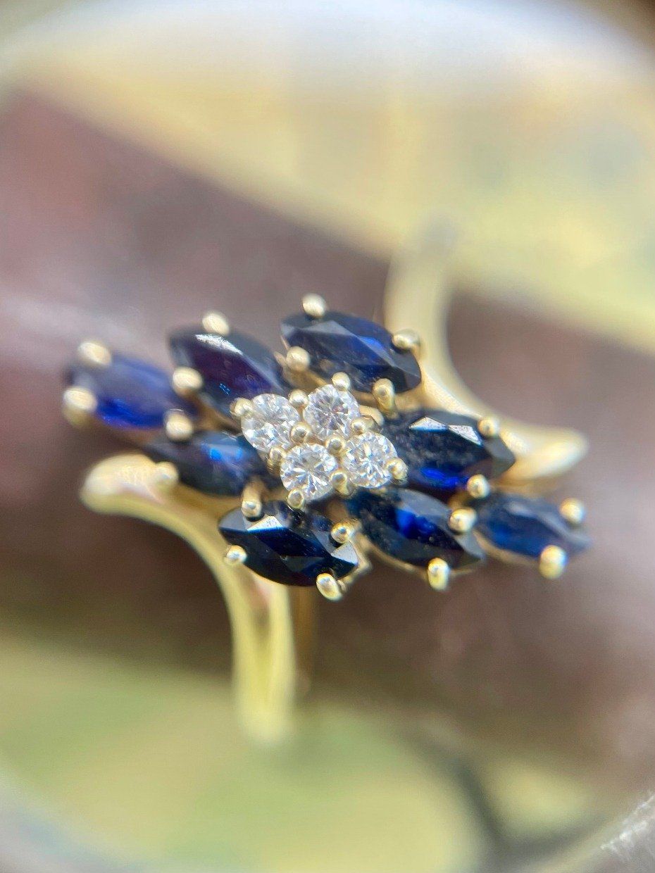 Classic 14k Gold Marquise Blue Sapphire Cluster Navette Ring w Diamond Cluster Center 2