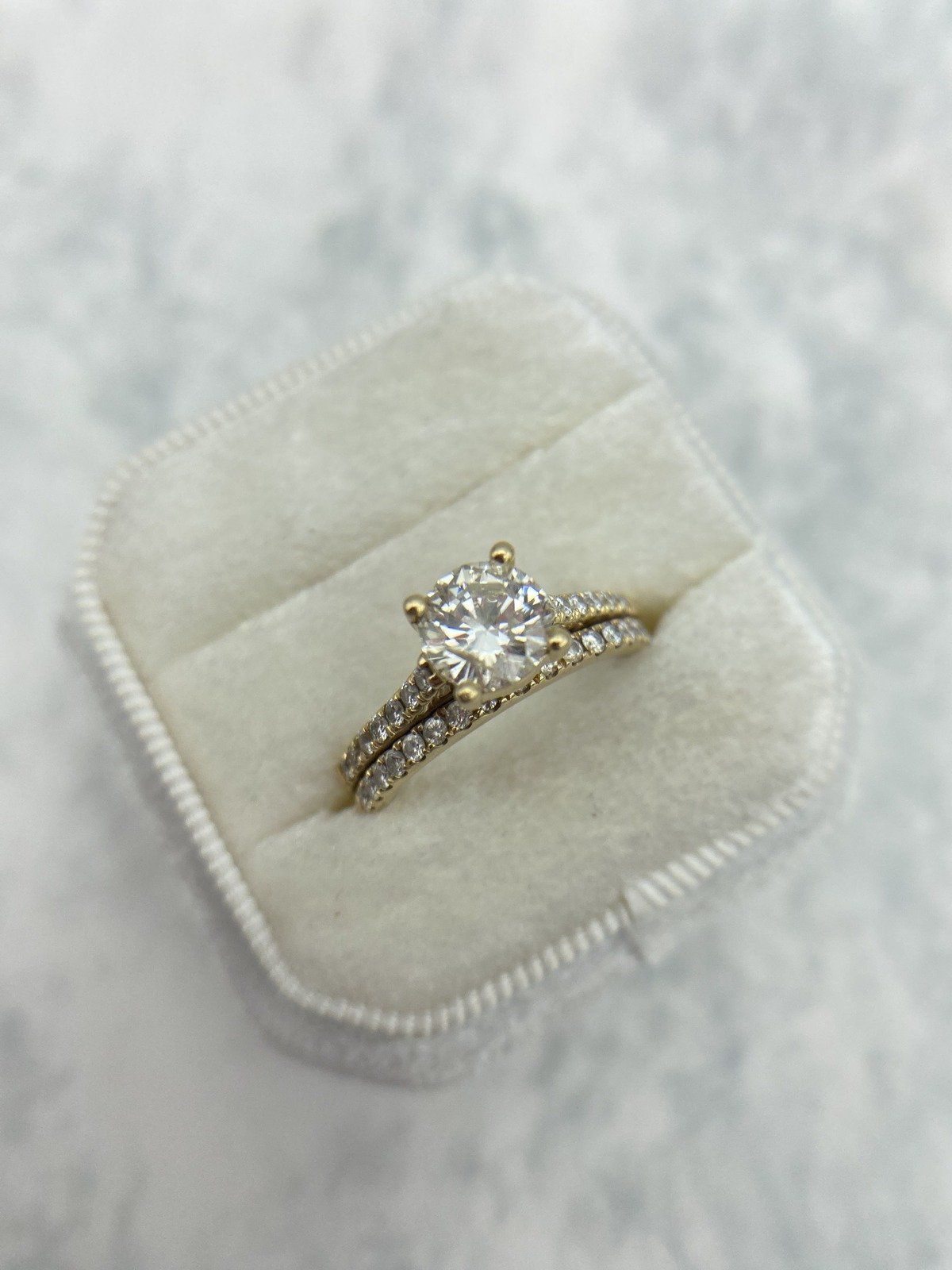 Traditional 14k Gold 1.25ct Solitaire Diamond Engagement Ring w Soldered Sizer + Pave Diamond Band 2