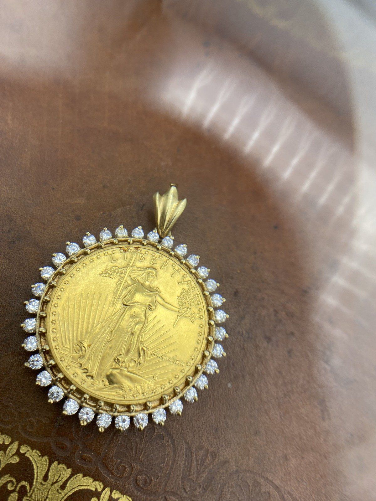 1/2 oz American Gold Eagle Coin Pendant with White Topaz Bezel 14K 3