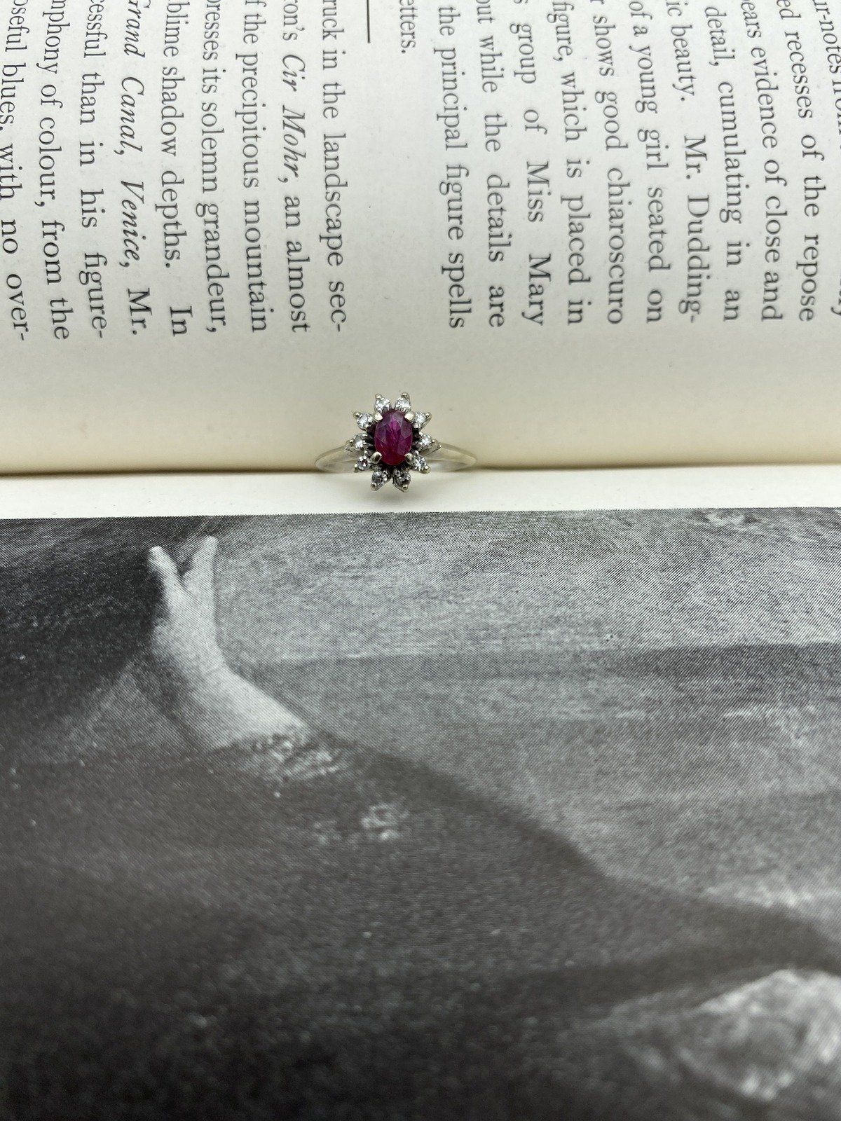 Antique 14k White Gold Oval Ruby + Diamond Flower Solitaire Ring 5