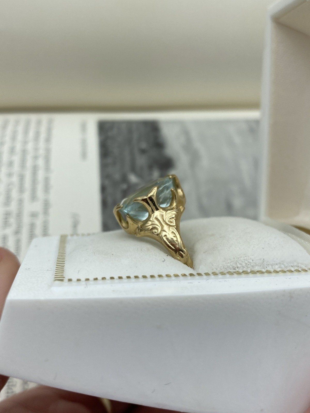 Antique Victorian 14k Gold High Quality Natural Cushion Cut Aquamarine Dress Ring w Carved Shoulder Motif + Lovely Prong Design 7