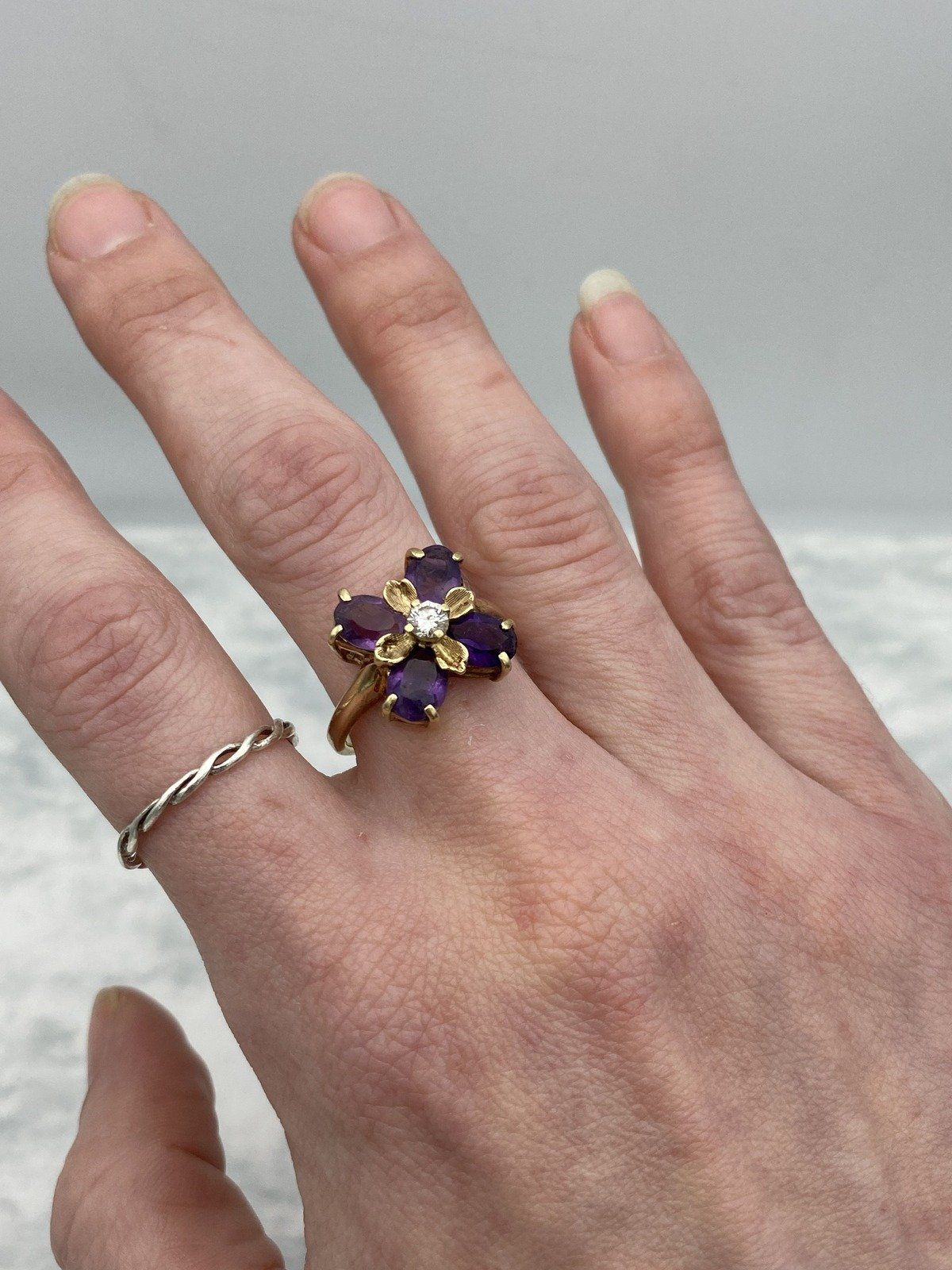 Vintage c.1950s 10k Gold 4 Petal Amethyst + Diamond Clover Ring w Brushed Leaf Secondary Detail 4
