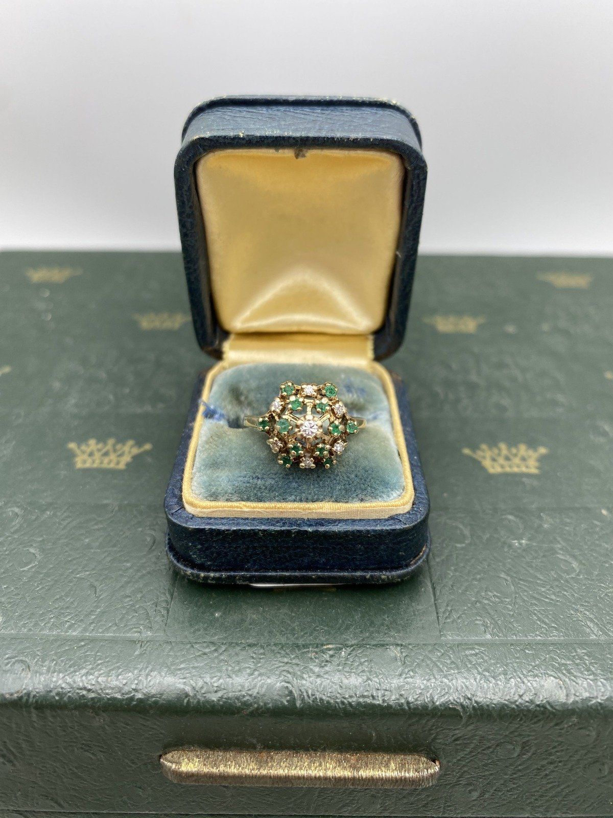 Vintage 10k Gold Emerald + Diamond Cathedral Ring #2461 2