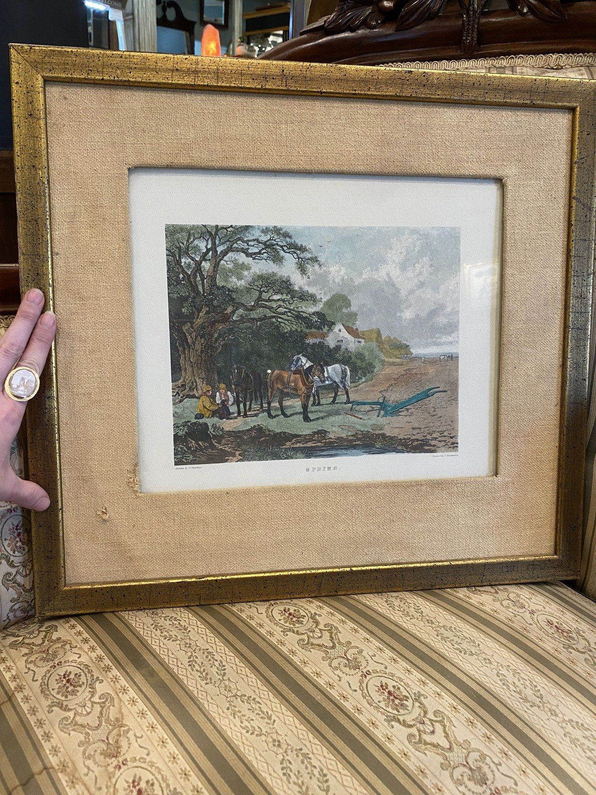 Framed 17.5x19 Hand Colorized Spring Engraving Signed J. Dearman 7