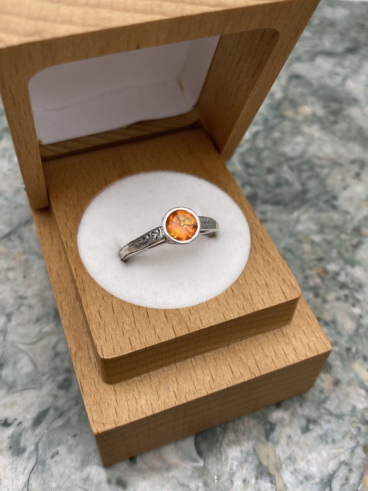Spessartine Orange Garnet 14k White Gold Bezel Set Ring w Carved Band 4