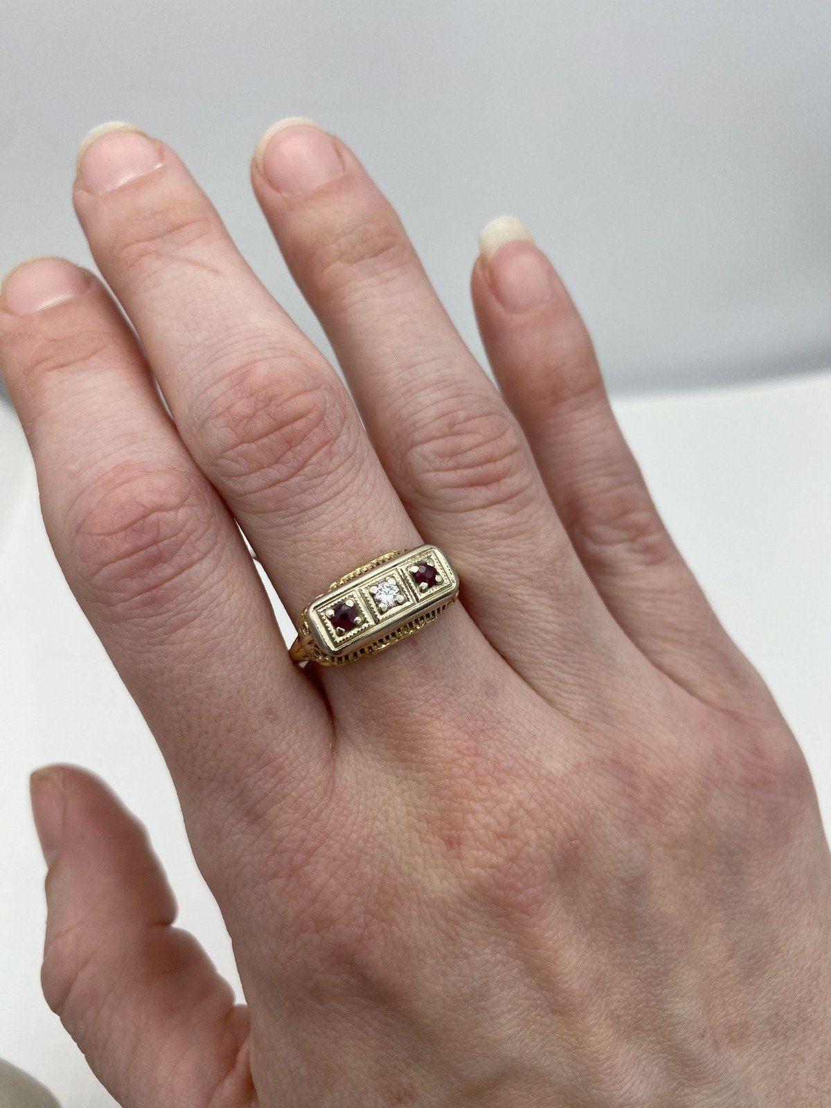 Antique Dual 14k Gold Ruby + Diamond Filigree Dress Ring 9