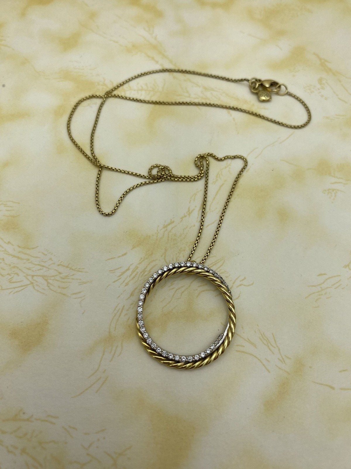 David Yurman 18k Solid Gold Cable Twist + Pave Diamond Interlocking Ringed 17L Necklace 2