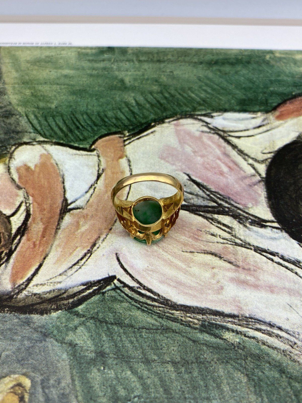 Antique 22k Gold Natural Jade Ring w Fauna Shoulders #2804 6