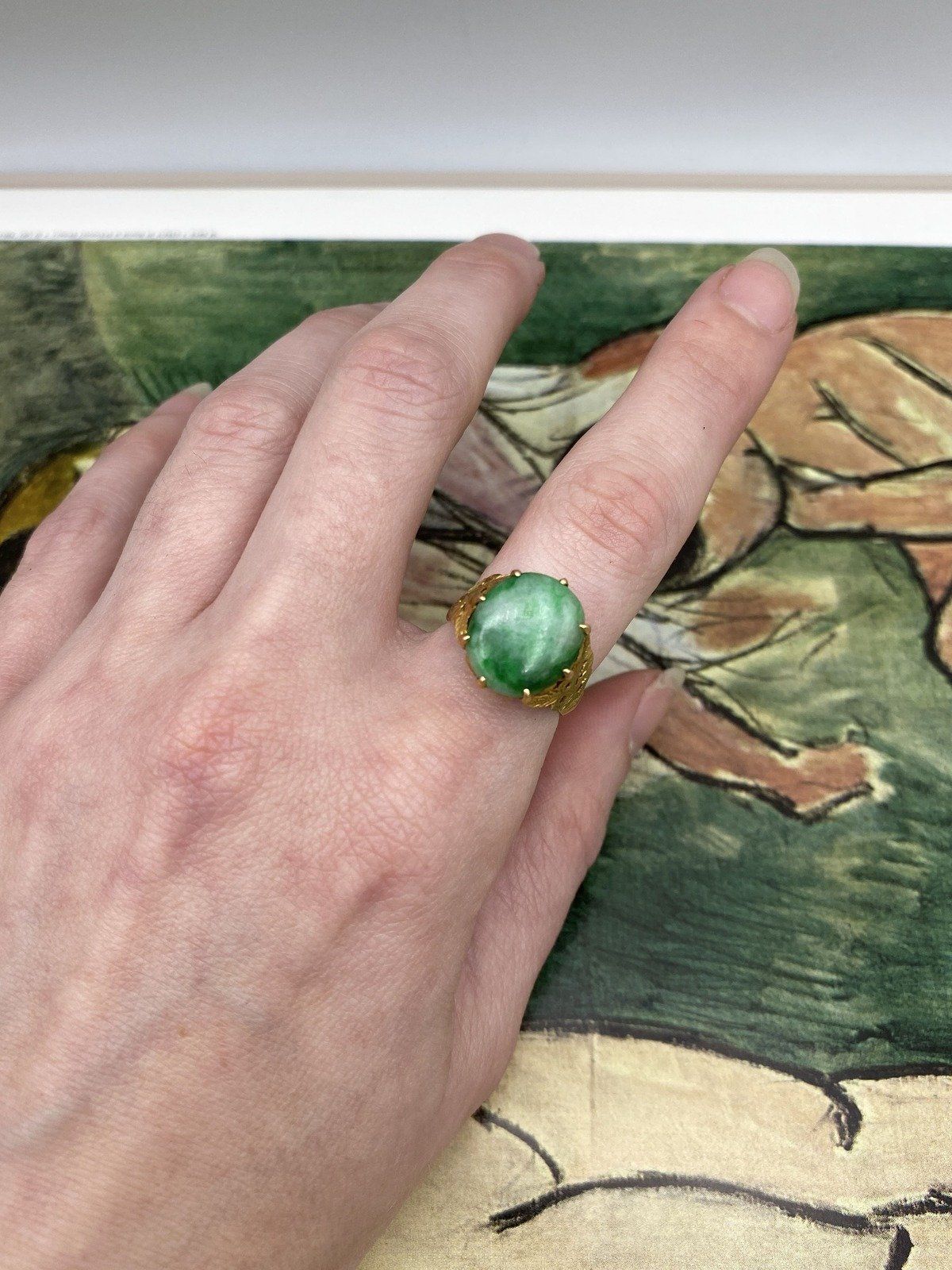 Antique 22k Gold Natural Jade Ring w Fauna Shoulders #2804 12