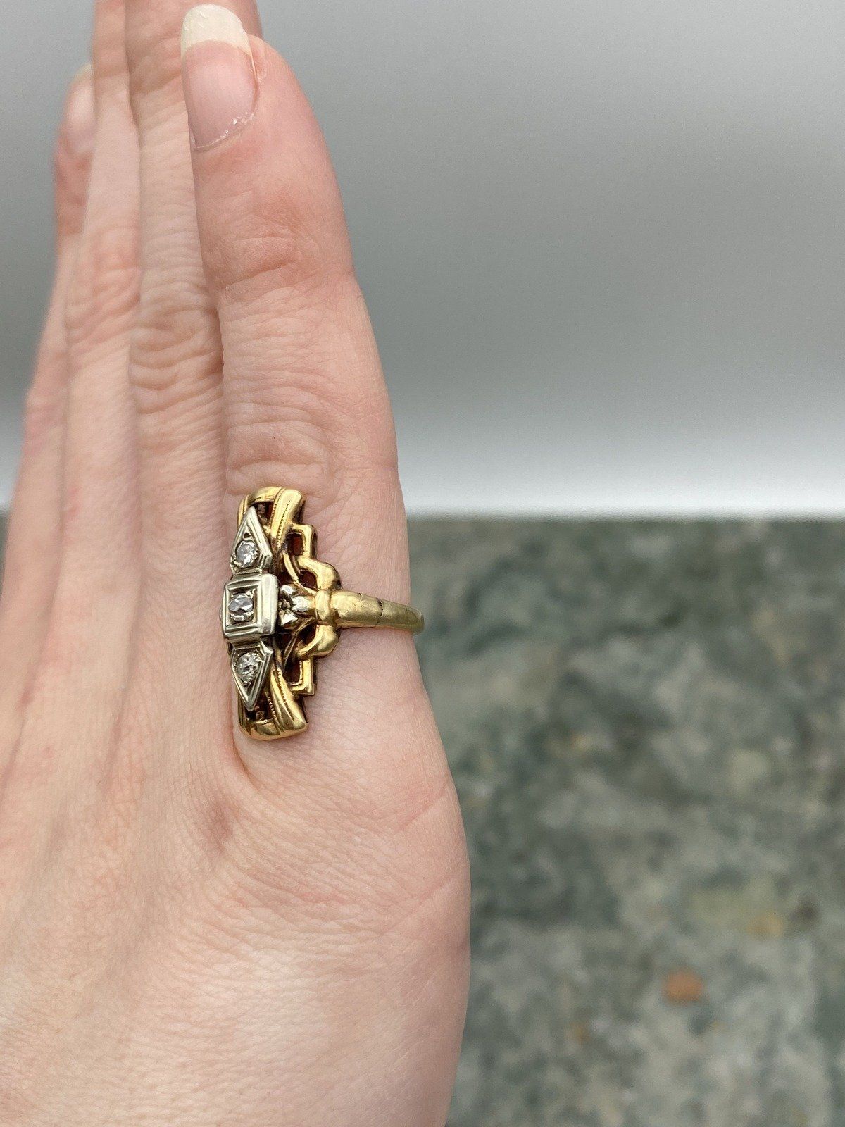 Antique 14k Gold Skeletal Diamond Navette Ring w White Gold Setting #2768 10