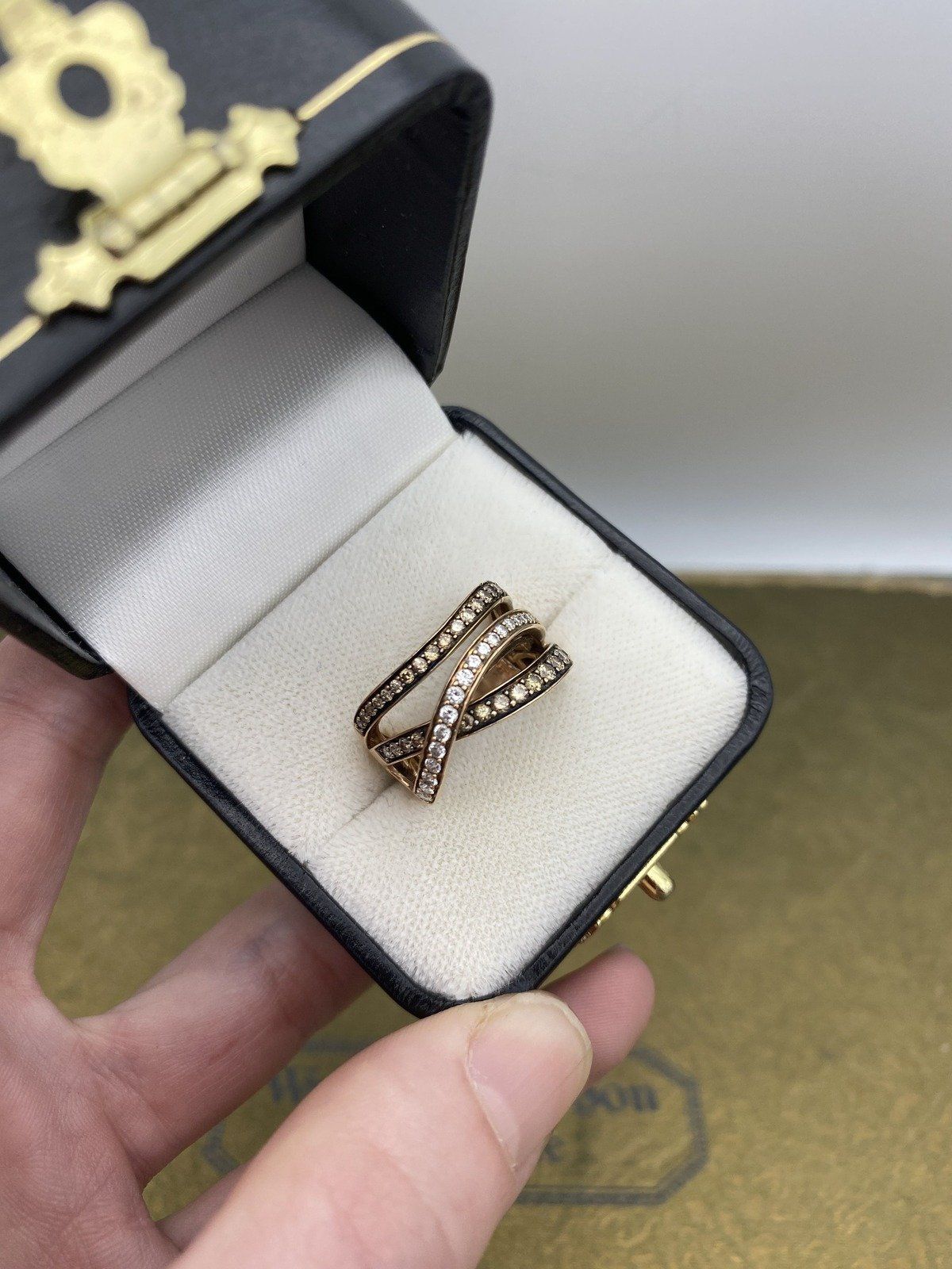 14k Rose Gold LeVian Chocolate + White Diamond Crossover Band w Black Enameling #2194 2