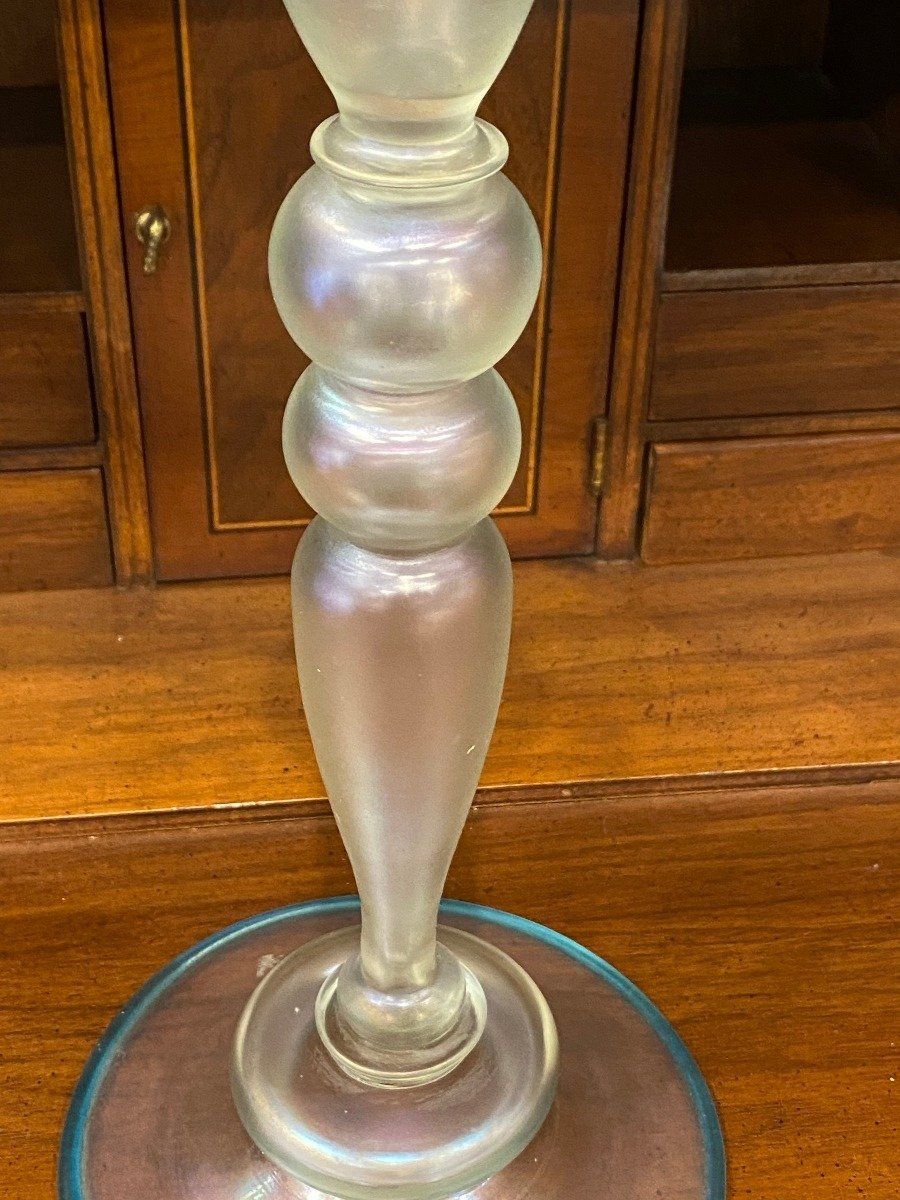 Steuben Cyprian Art Glass Candlestick w Celeste Blue Edge 3