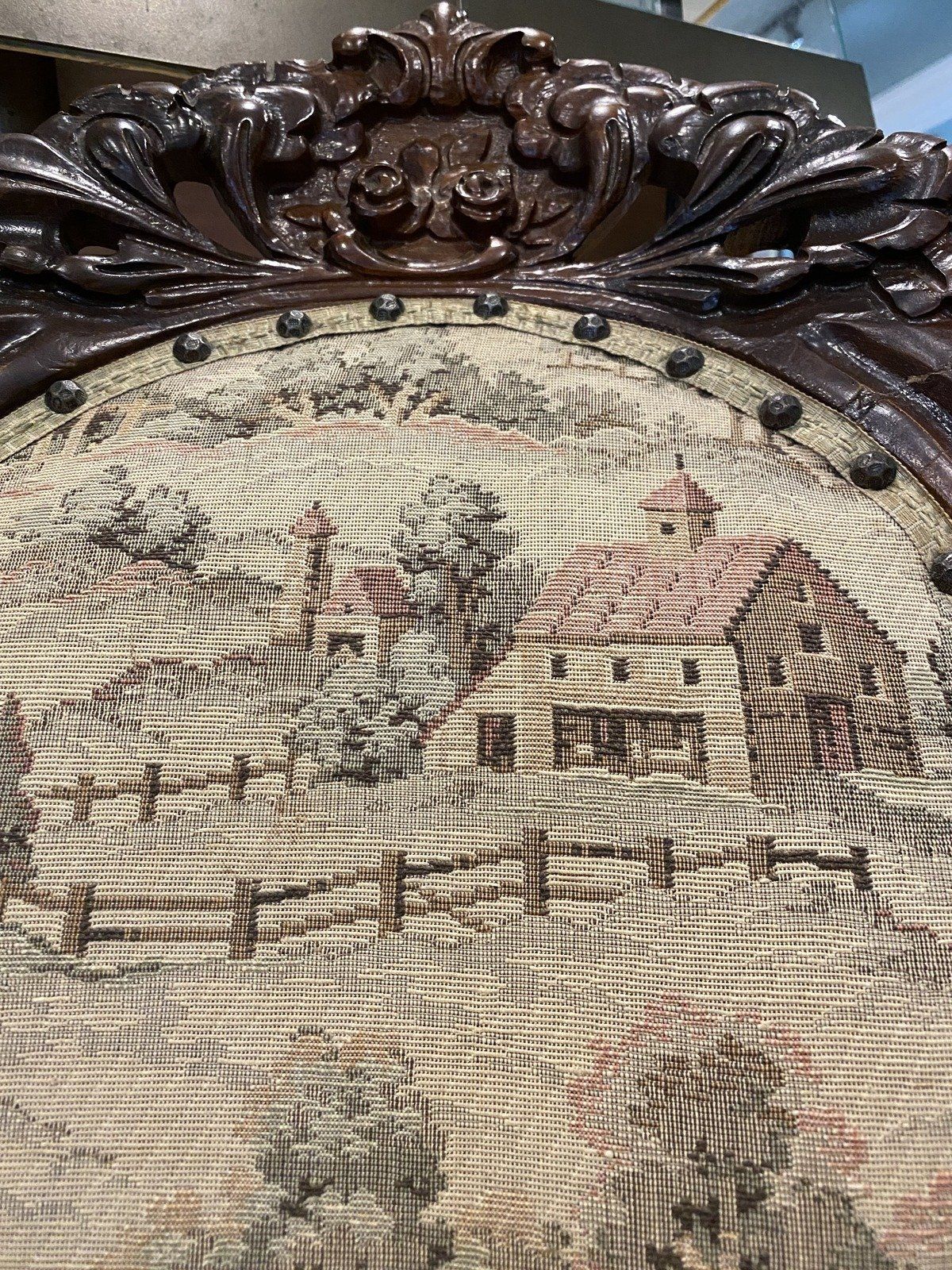 Vintage Classic Needlepoint Farmhouse Motif Side Chair w Carved Details 3