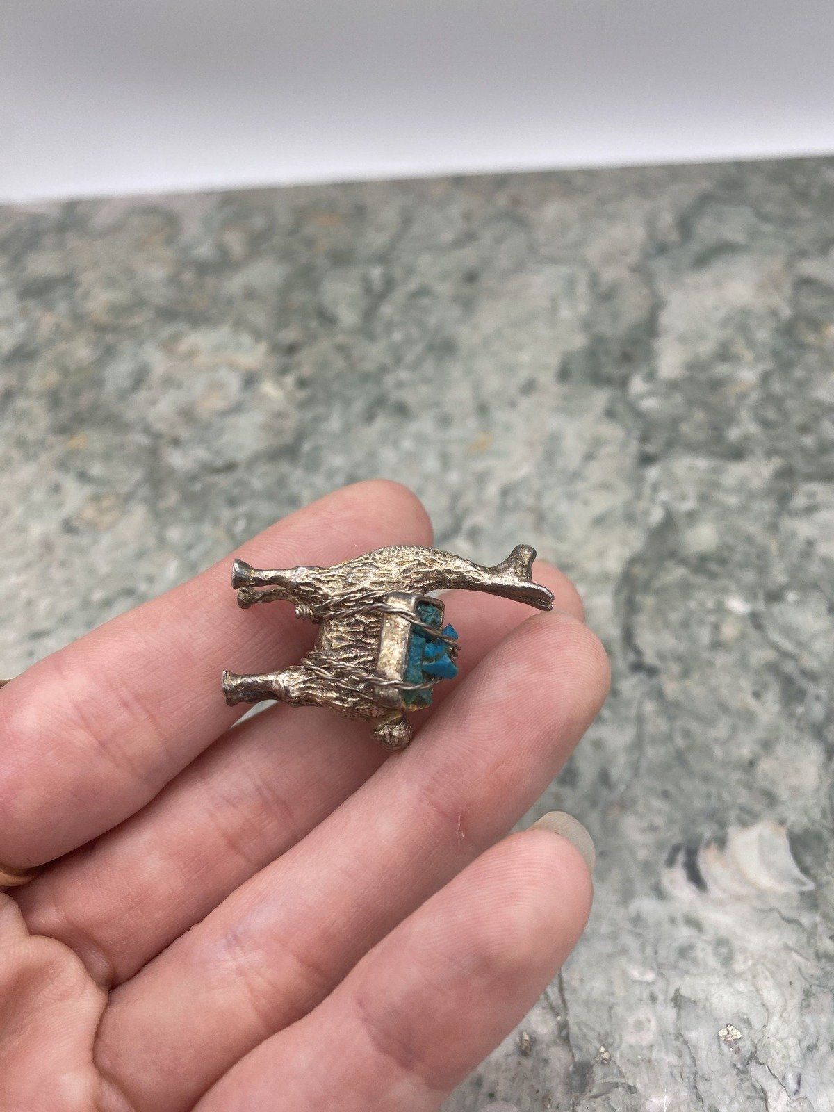 Tiny Unmarked/Tested + Researched Sterling Silver Miniature Alpaca w Turq. Saddle Bags 3
