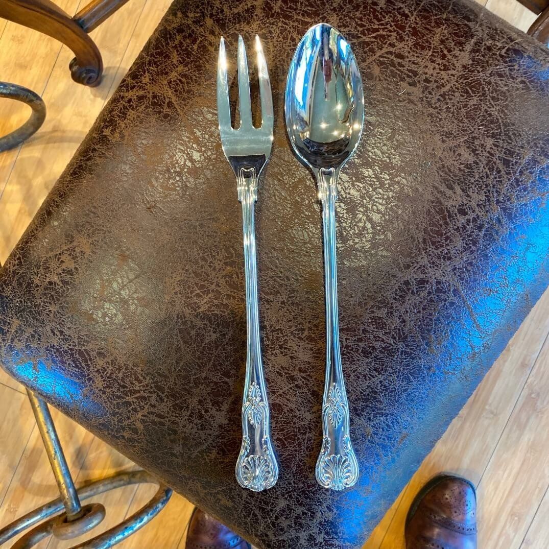 Large Silver Plate Serving Spoon and Fork