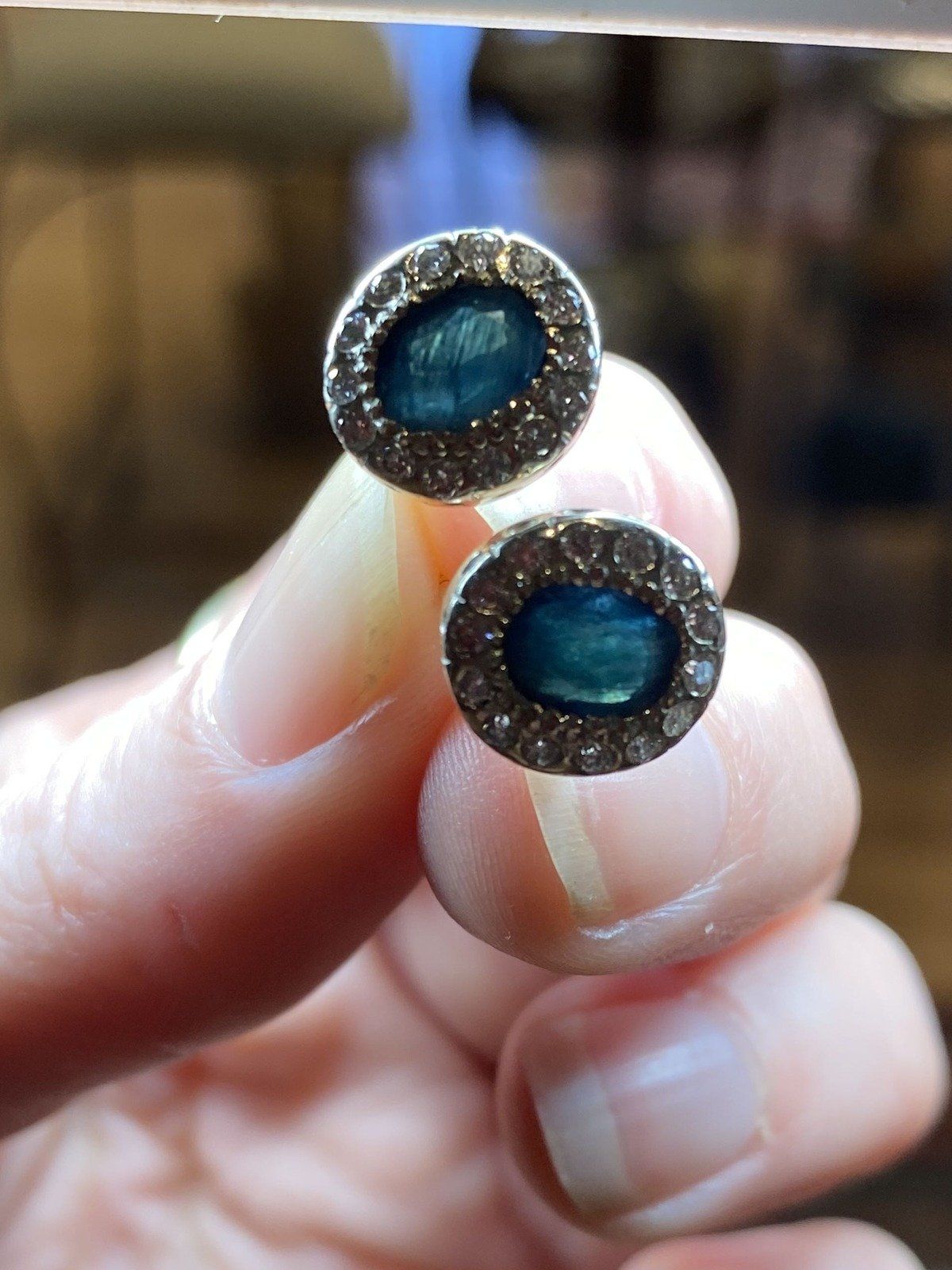 14k White Gold Bespoke Blue Sapphire + Diamond Stud Earrings #2612 8