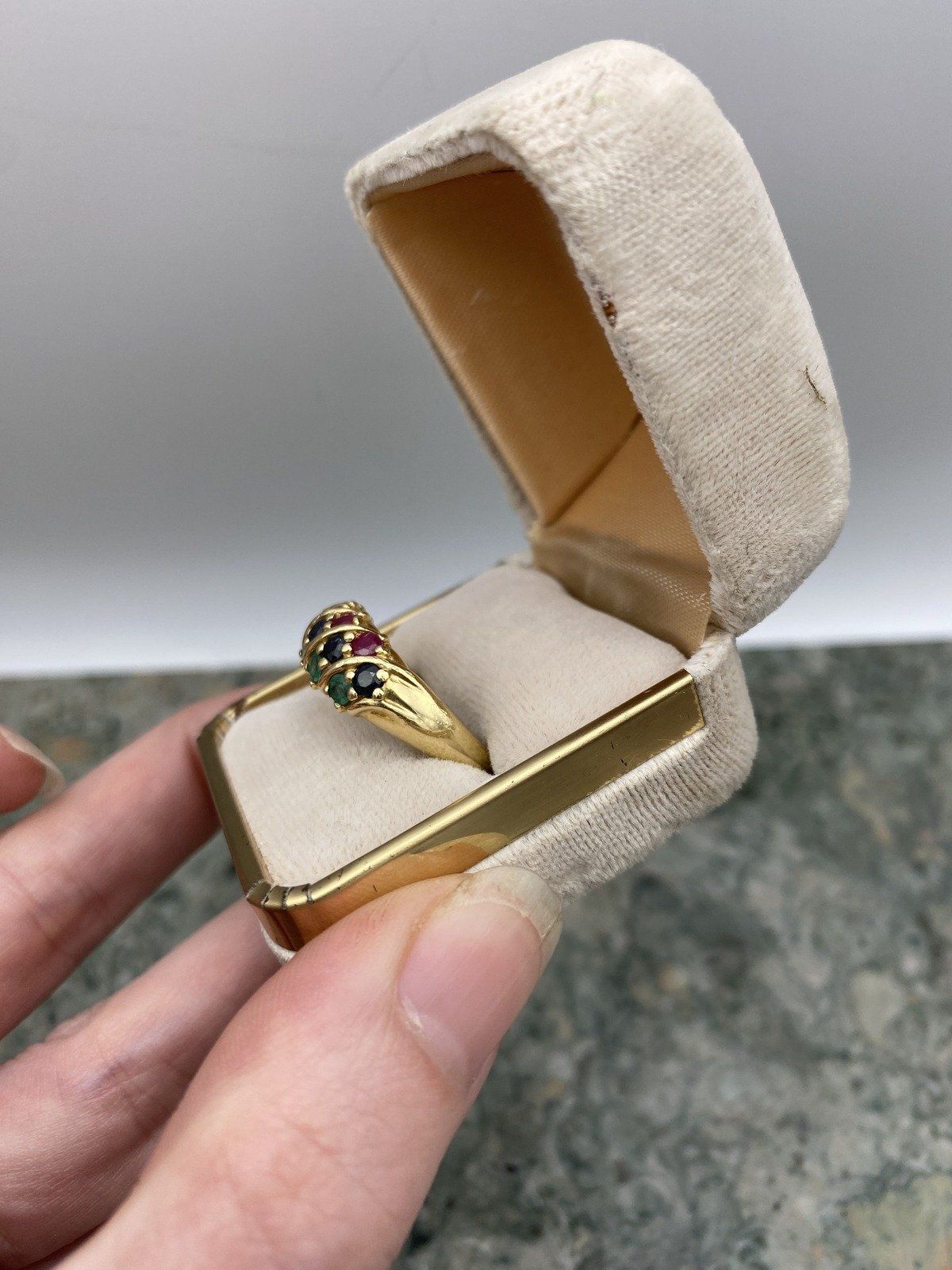 Vintage 14k Gold Trio Ruby + Emerald + Sapphire Ring Bombe Band #2794 10