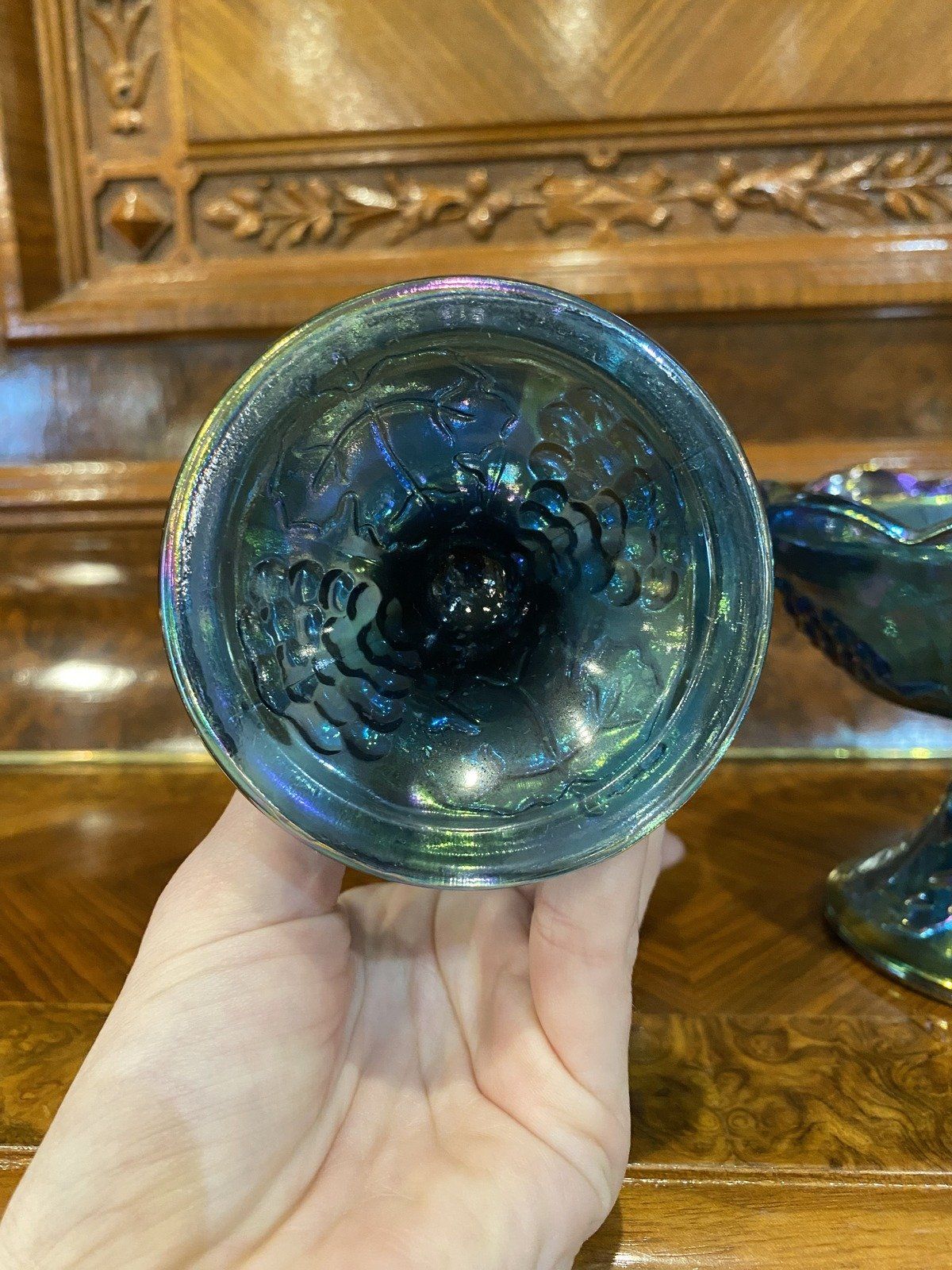 Pair of Electric Iridescent Blue Grape Vine Carnival Glass Candle Holders 3